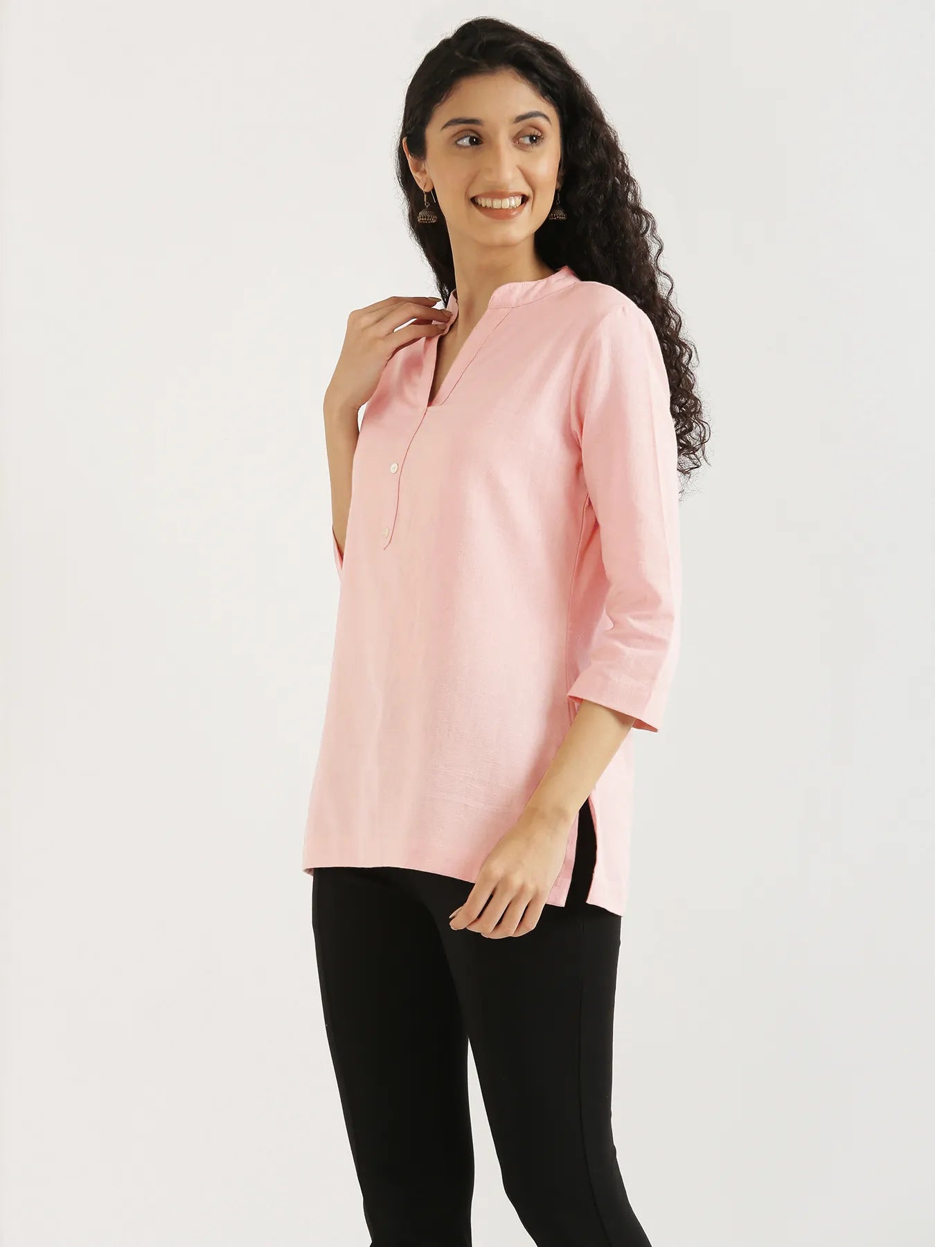 Women Salmon Pink Airy Linen Short Kurta