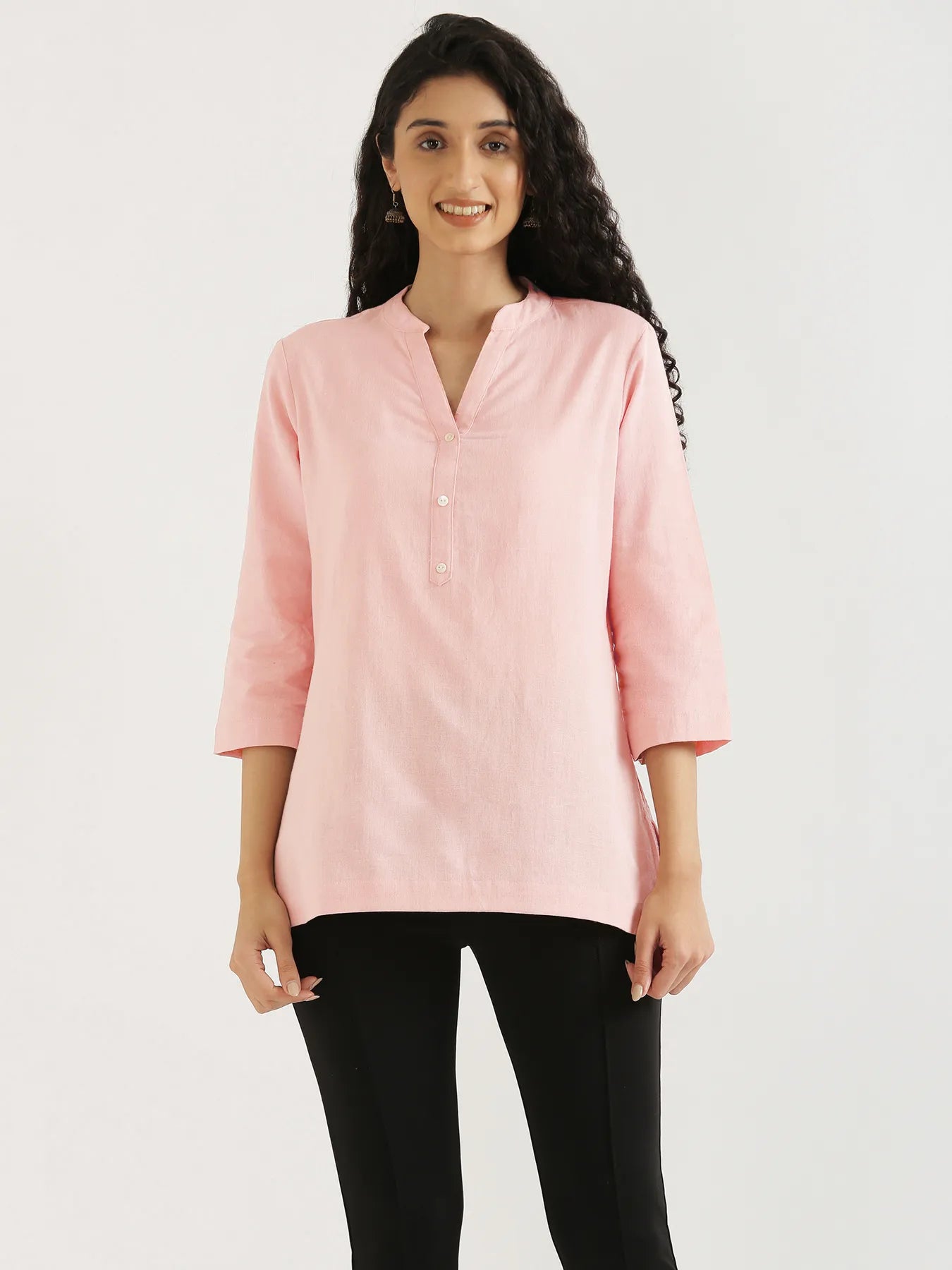 Women Salmon Pink Airy Linen Short Kurta
