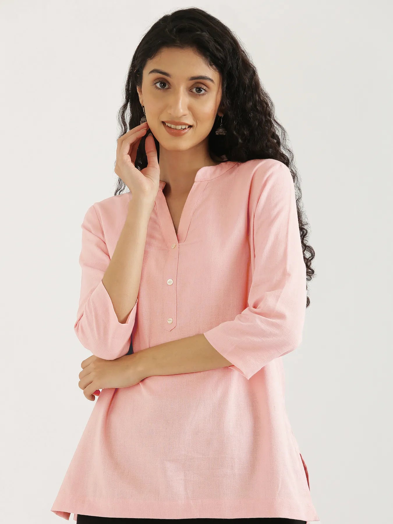 Women Salmon Pink Airy Linen Short Kurta