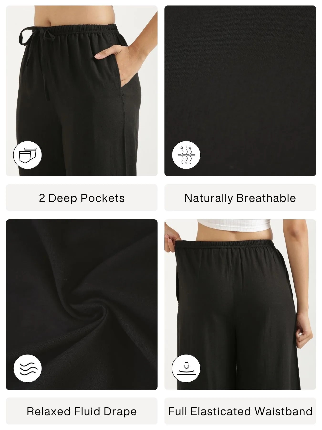 Women Black Flowy Linen Wide Leg Pants