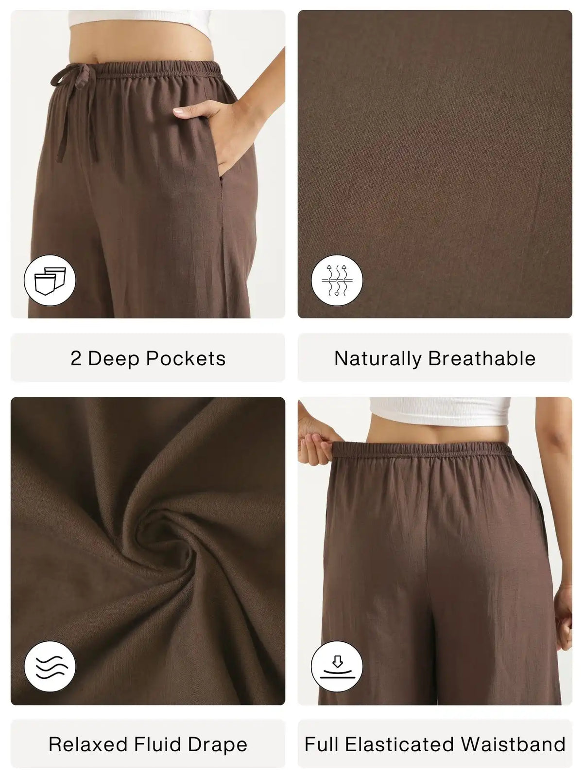 Women Dark Brown Flowy Linen Wide Leg Pants