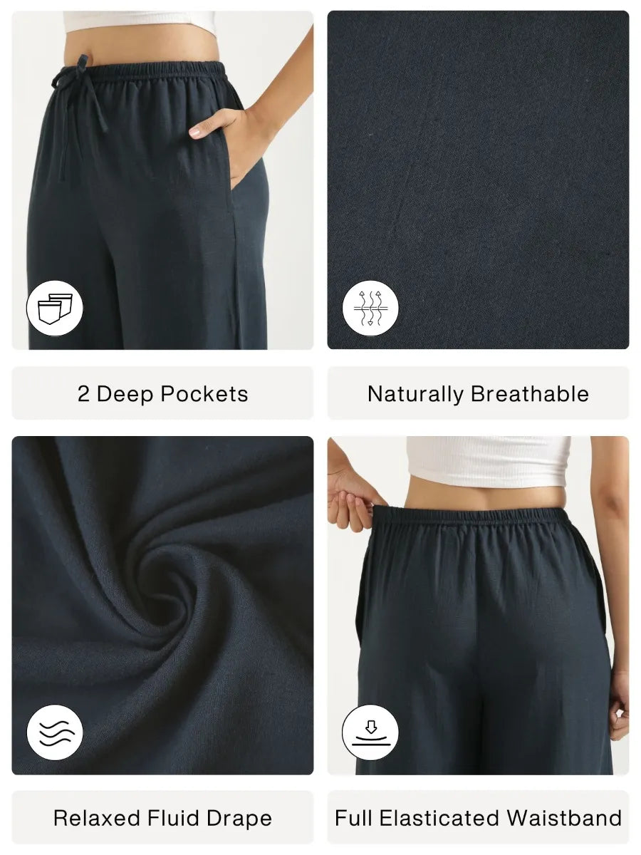 Women Navy Blue Flowy Linen Wide Leg Pants