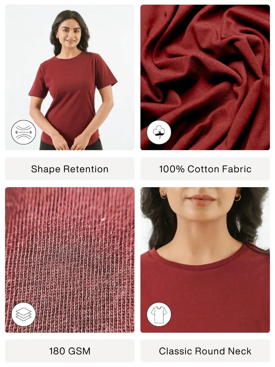 Women Maroon Round Neck T-shirt