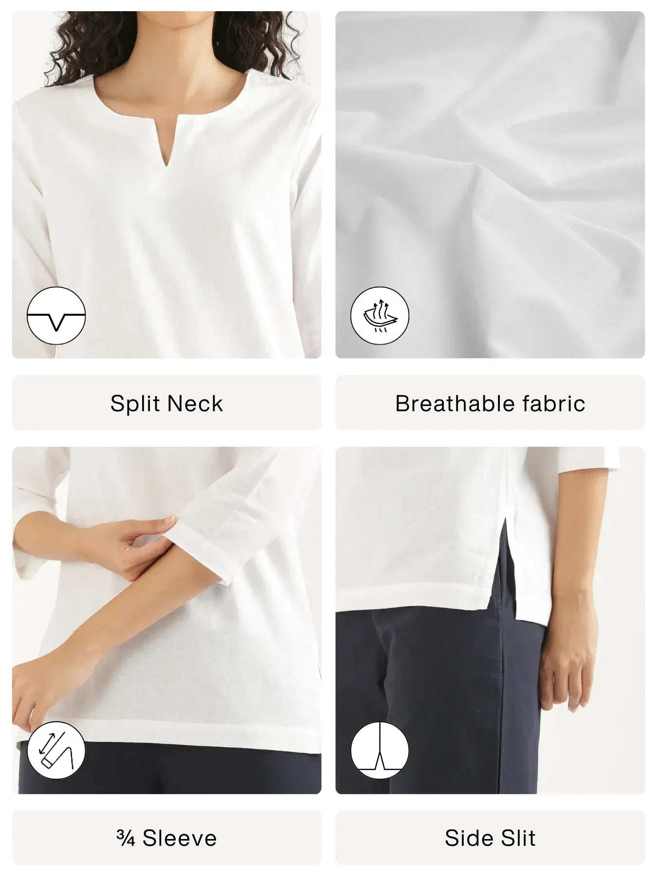 Women White Airy Linen Split Neck Short Kurta