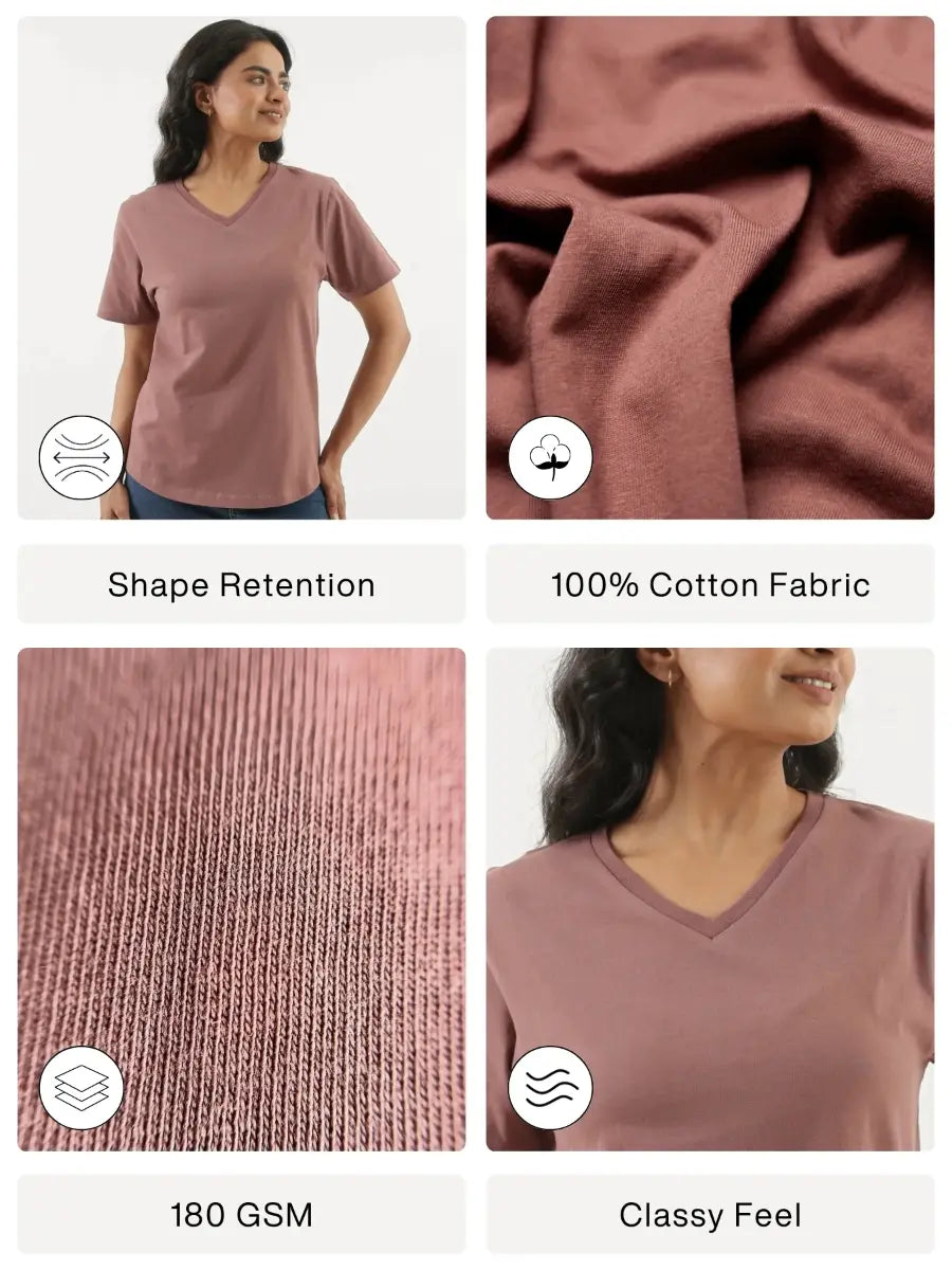 Women Rose Taupe V-neck T-shirt