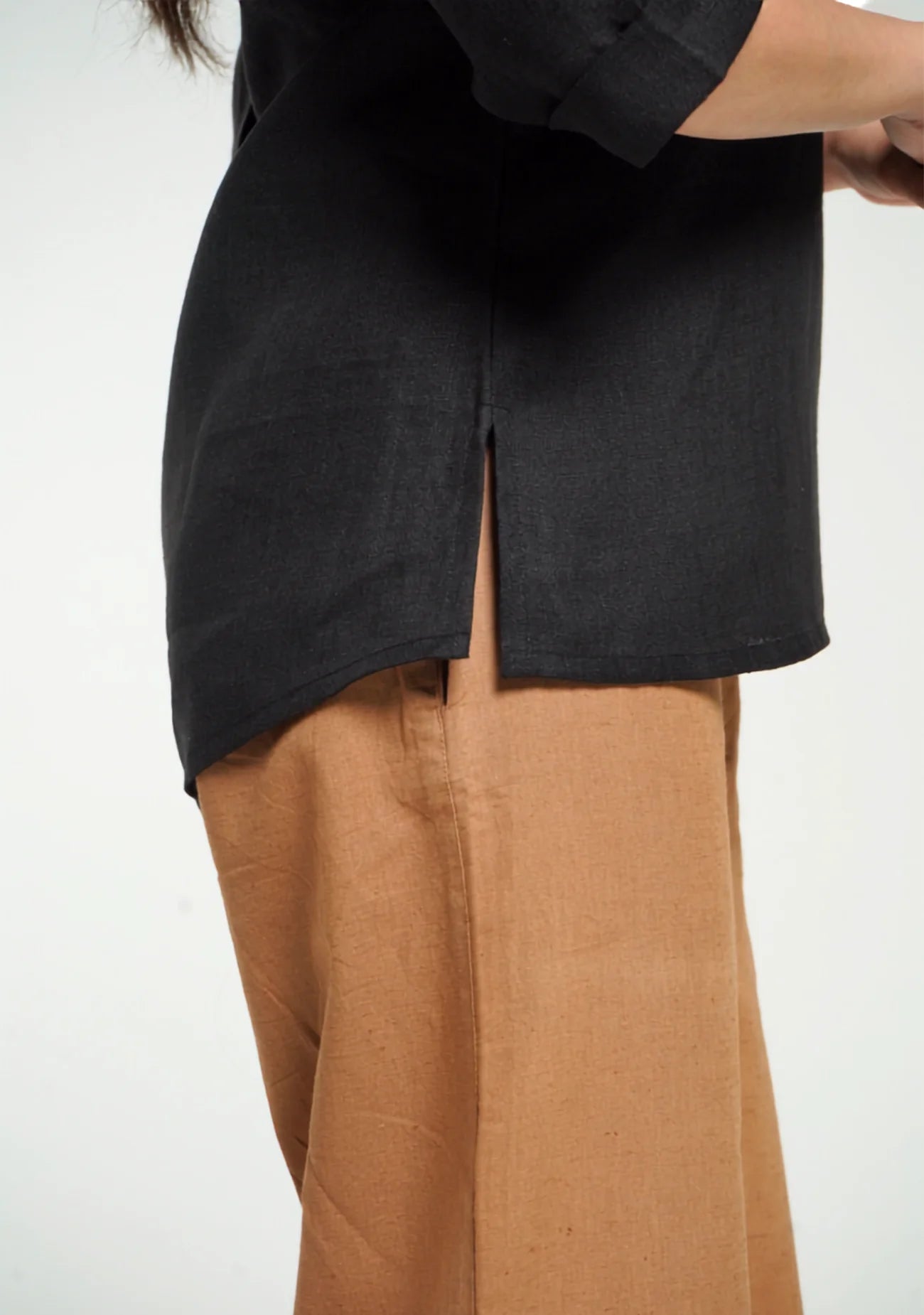 Women Black Pure Linen Collared Shirt Top
