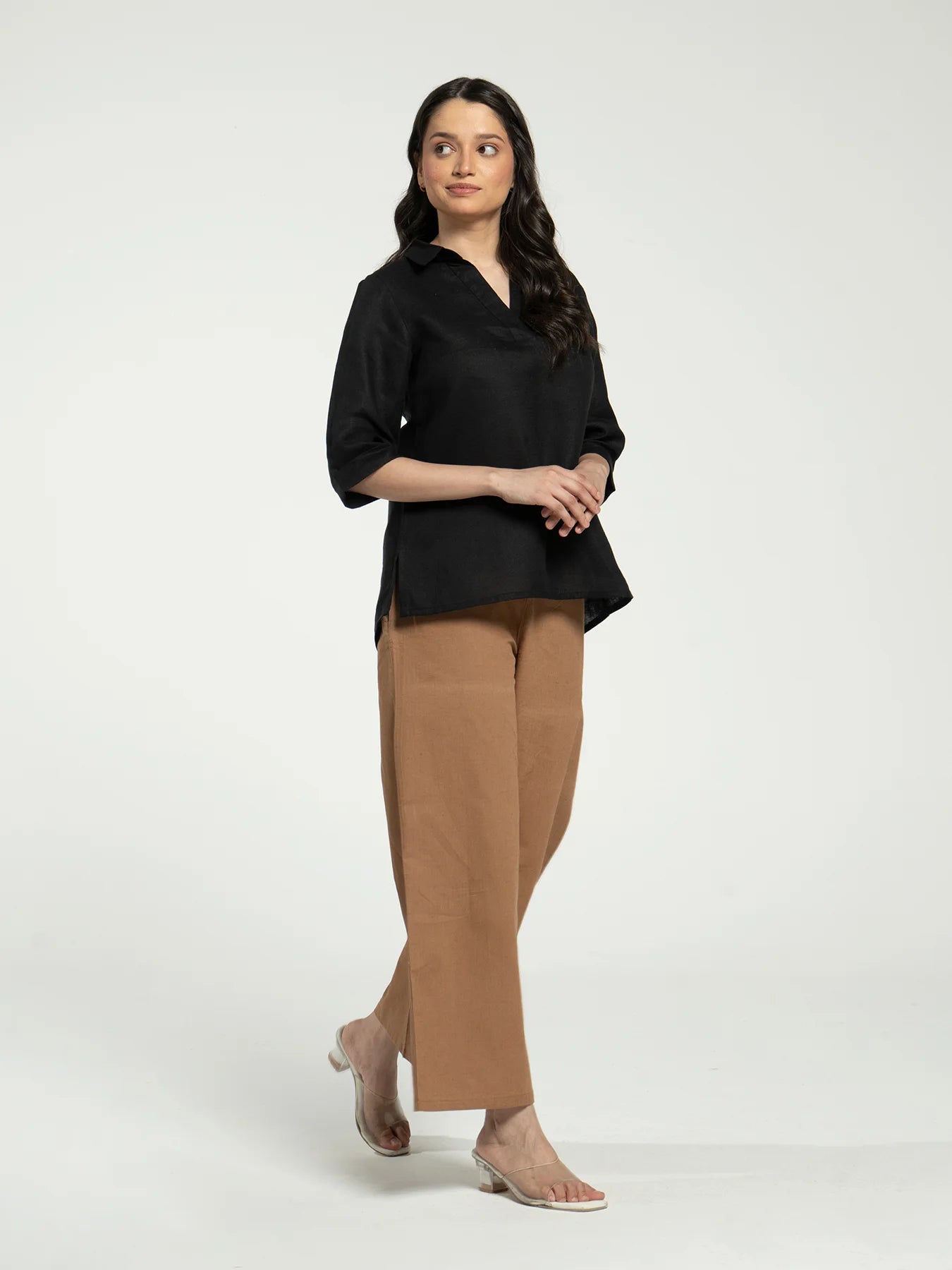 Women Black Pure Linen Collared Shirt Top