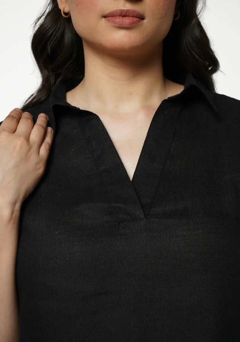 Women Black Pure Linen Collared Shirt Top