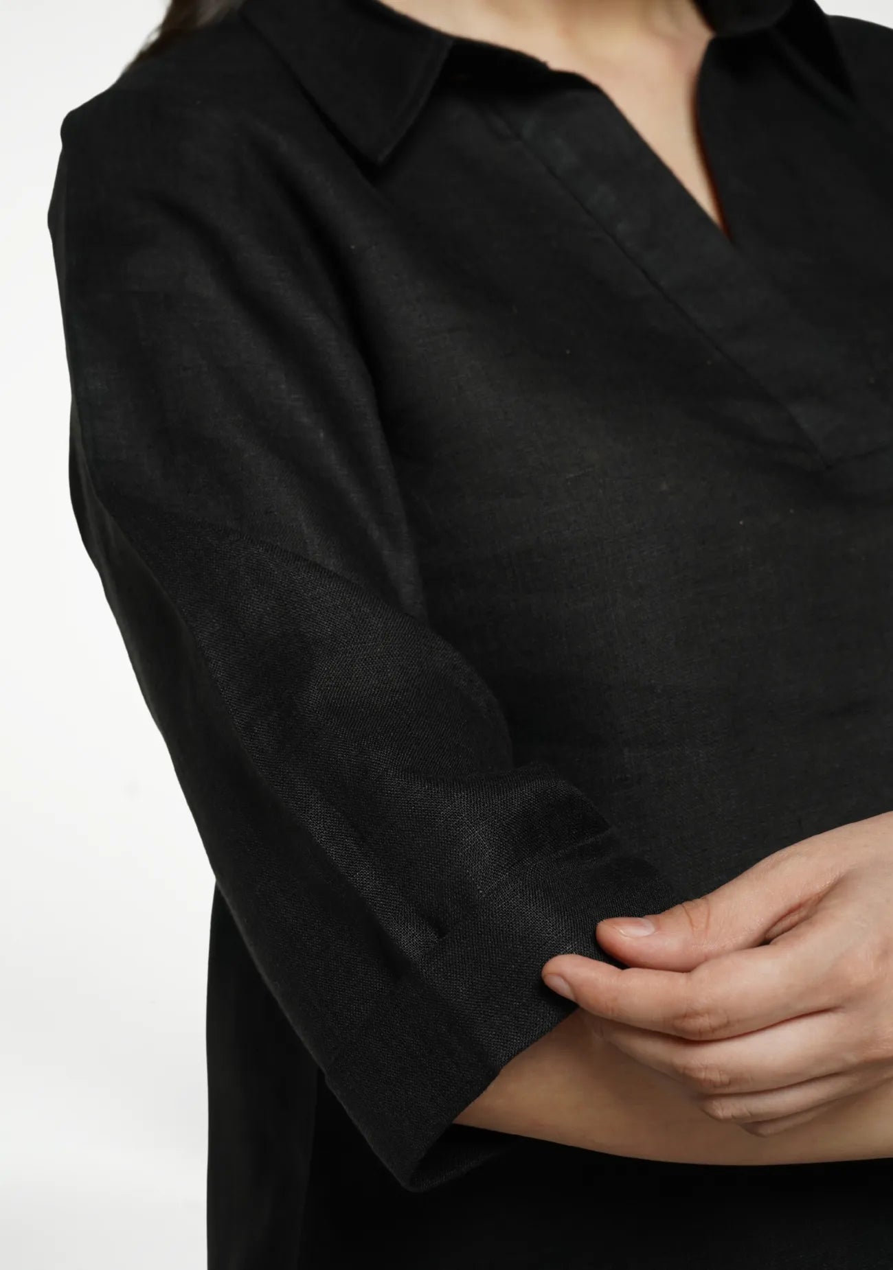 Women Black Pure Linen Collared Shirt Top