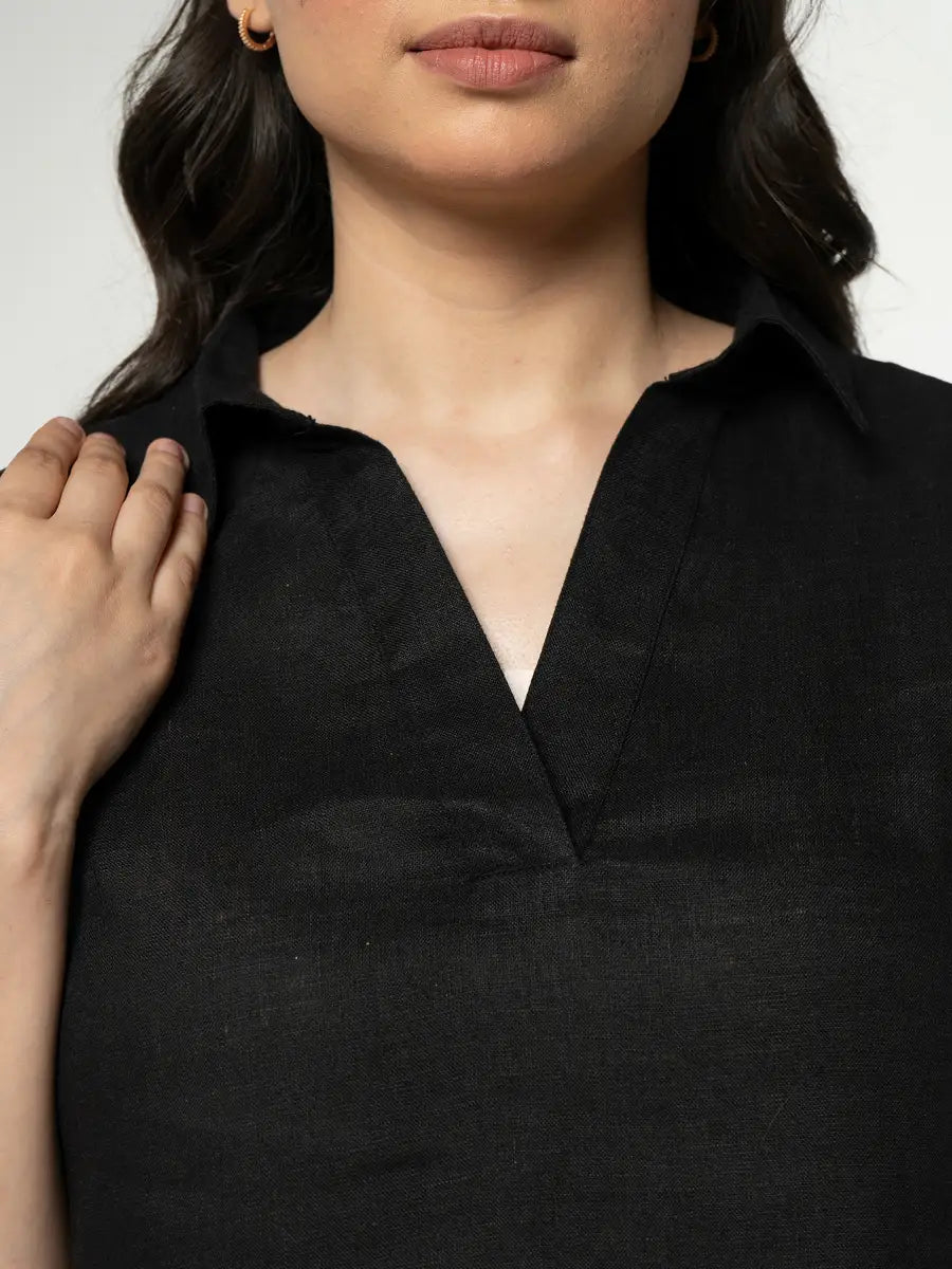 Women Black Pure Linen Collared Shirt Top