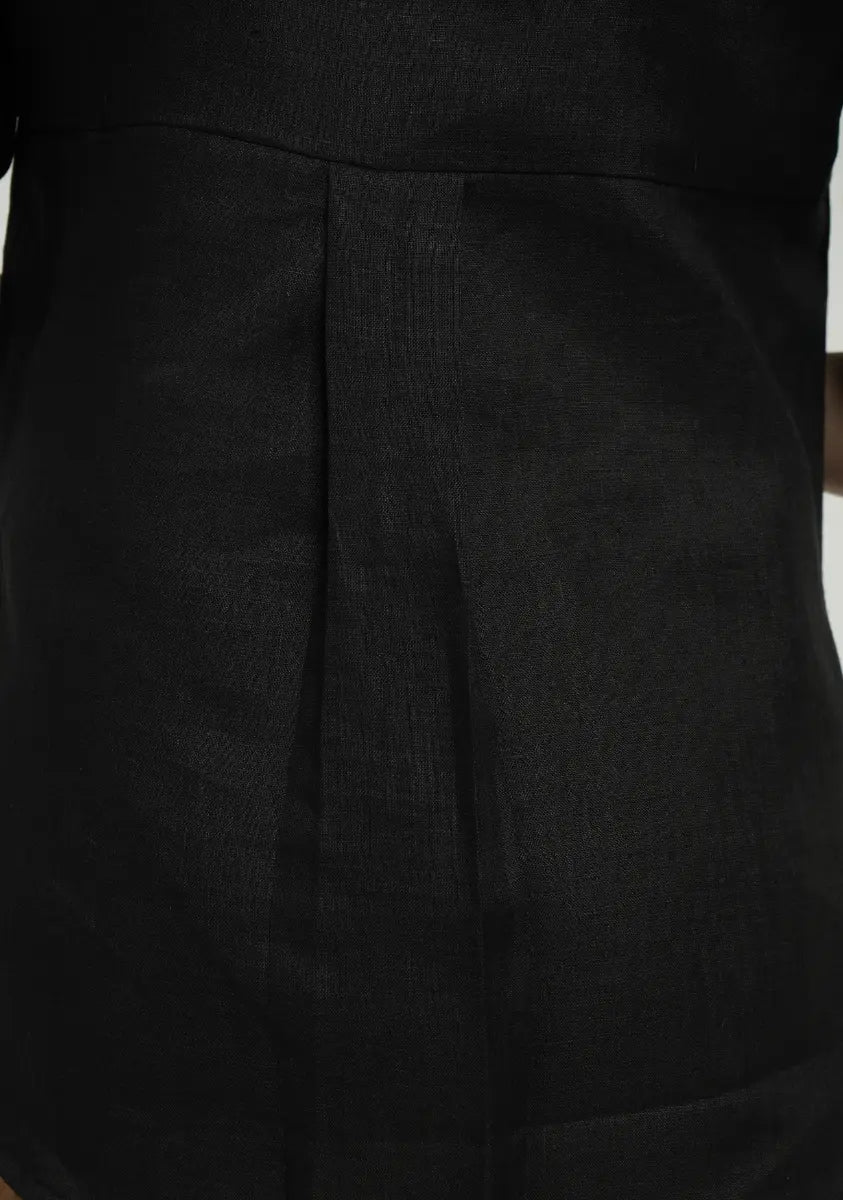 Women Black Pure Linen Collared Shirt Top