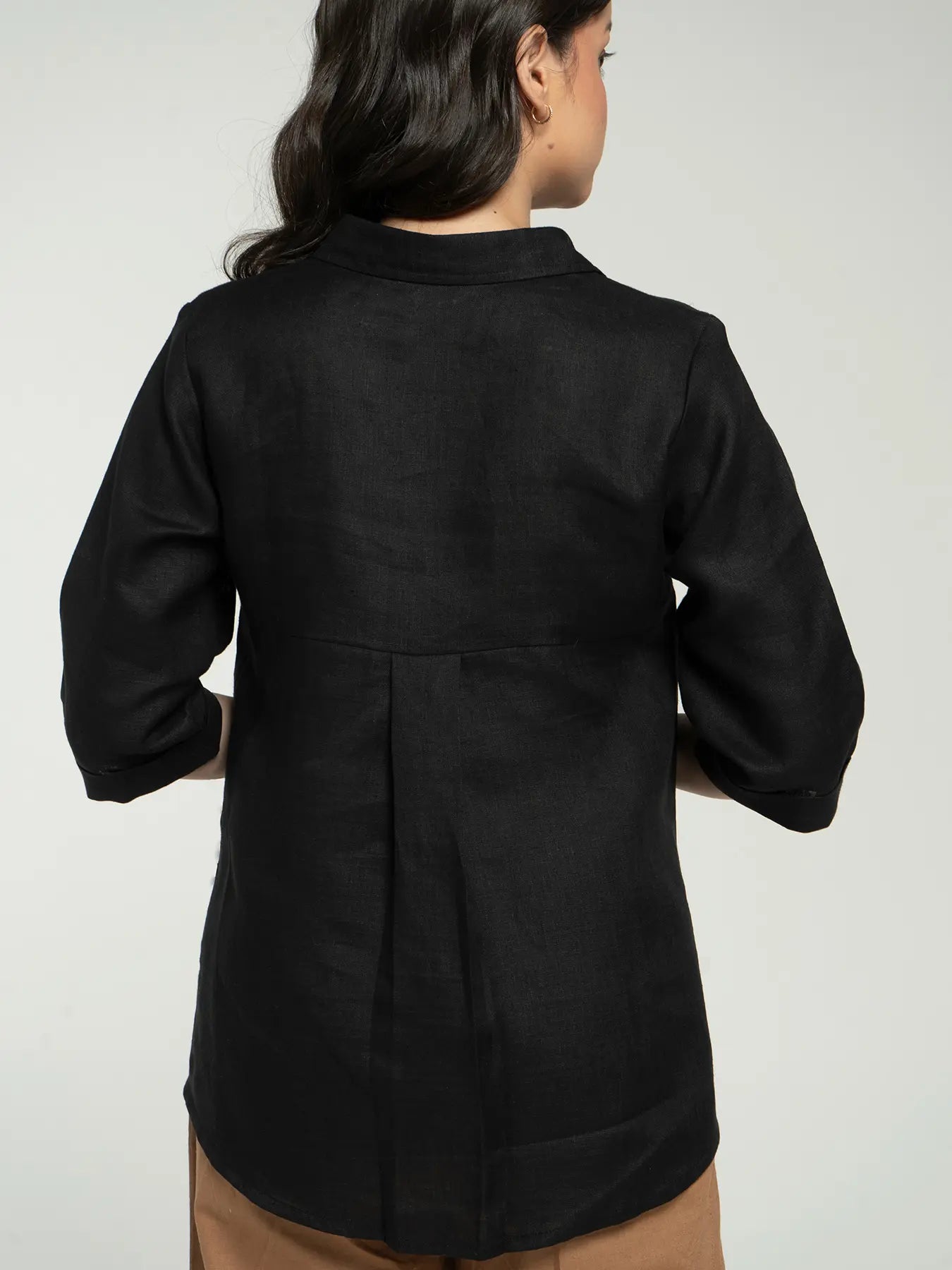 Women Black Pure Linen Collared Shirt Top