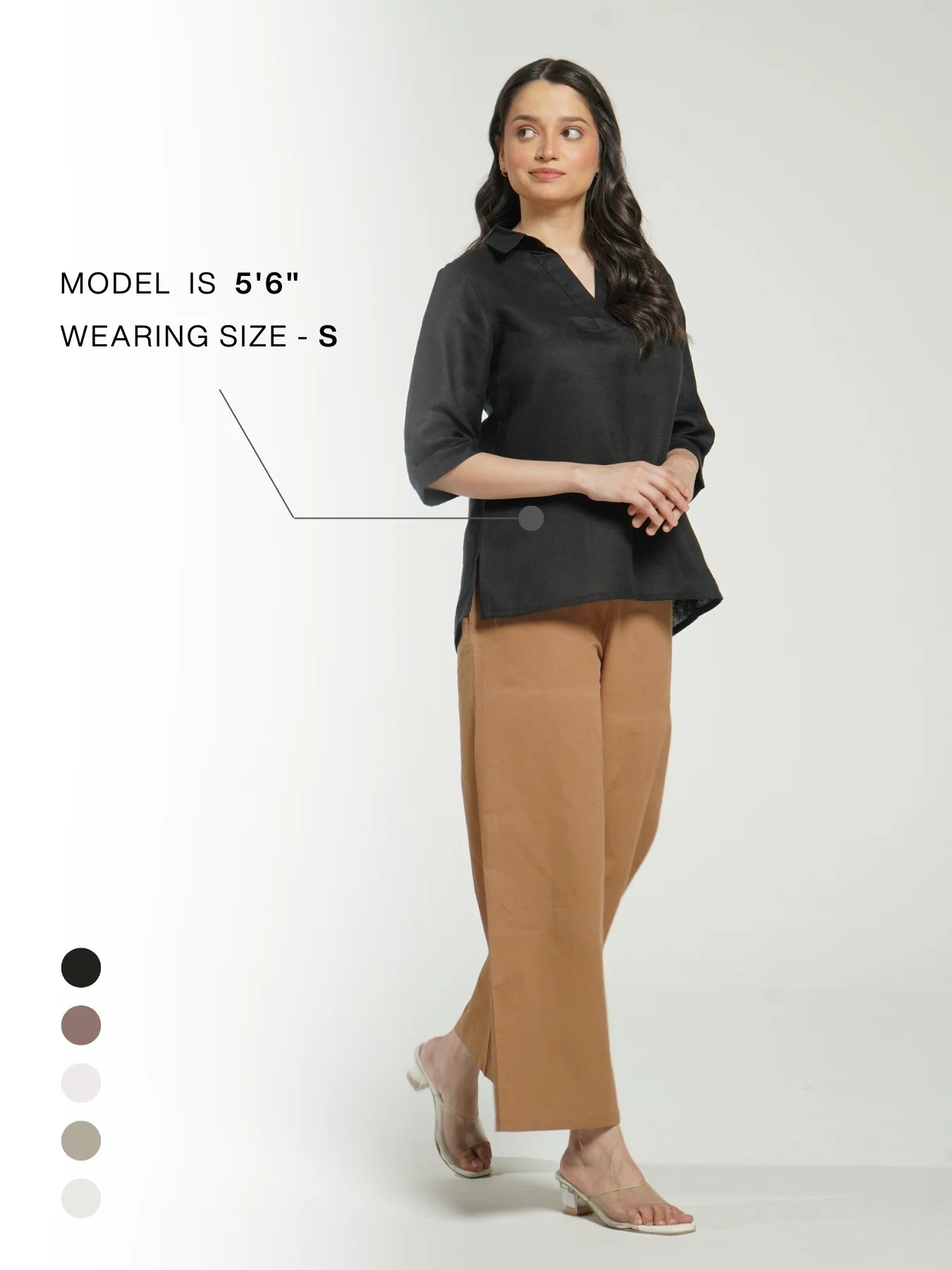 Women Black Pure Linen Collared Shirt Top