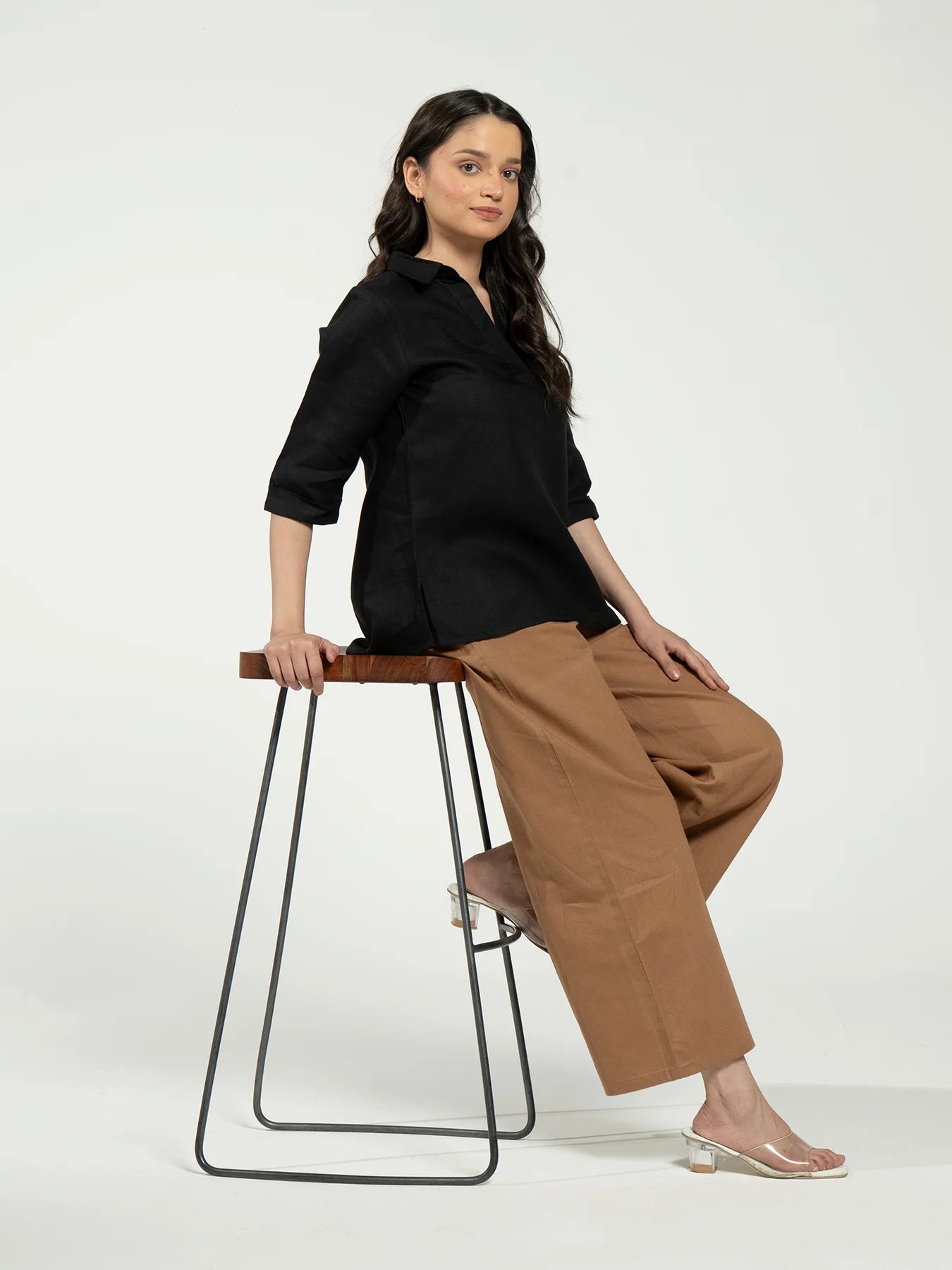 Women Black Pure Linen Collared Shirt Top
