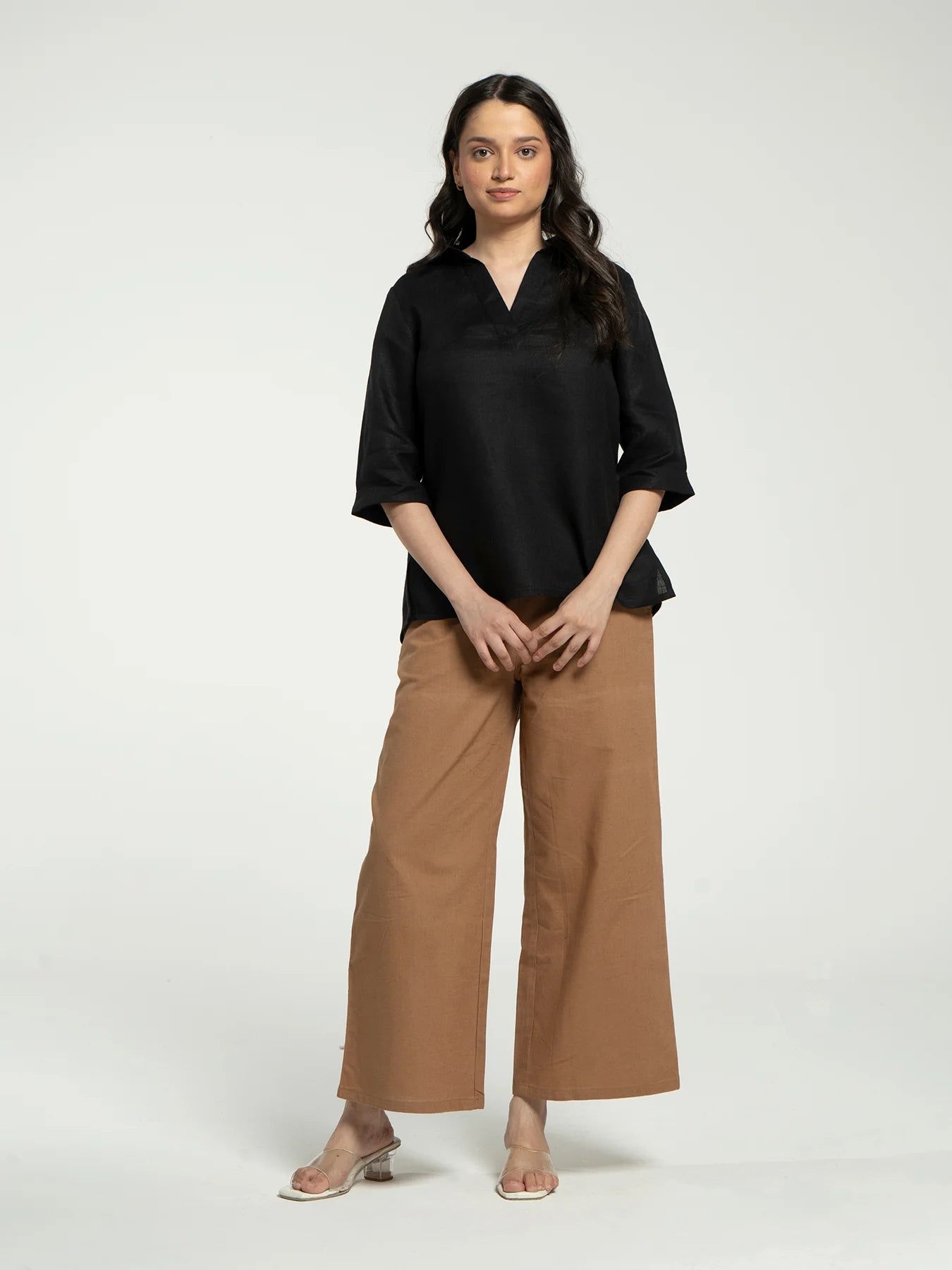 Women Black Pure Linen Collared Shirt Top