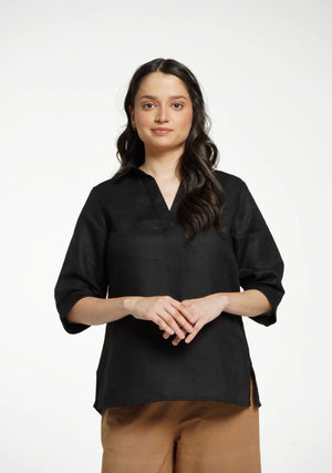 Women Black Pure Linen Collared Shirt Top