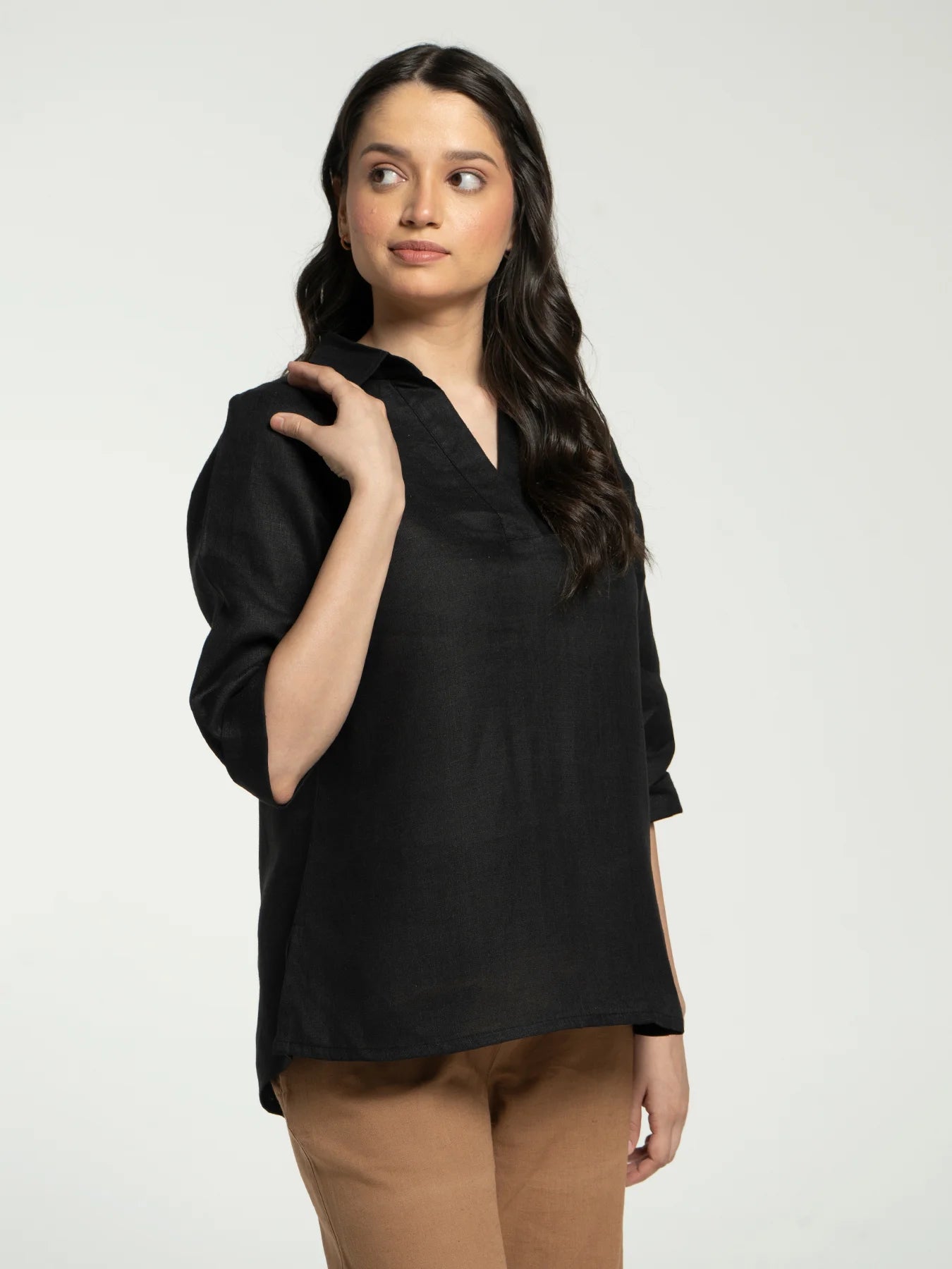 Women Black Pure Linen Collared Shirt Top