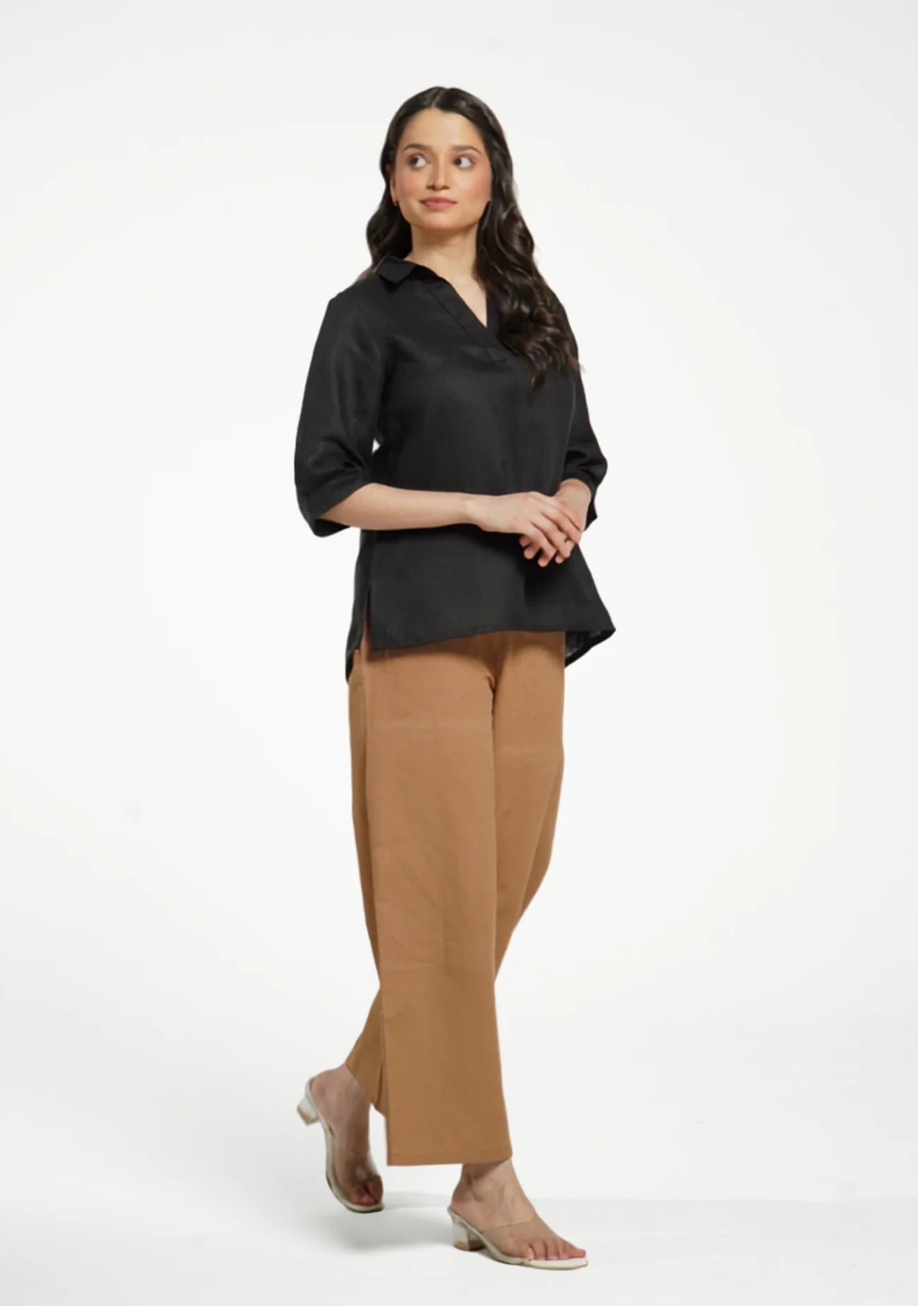 Women Black Pure Linen Collared Shirt Top