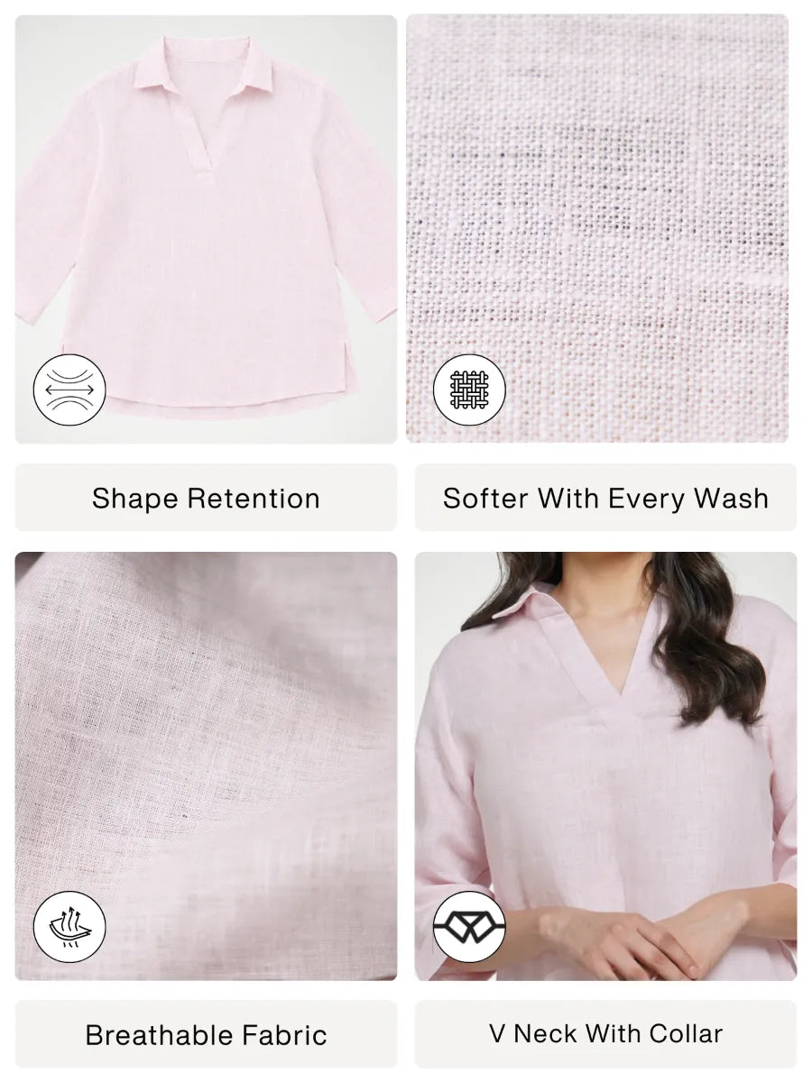 Women Blush Pink Pure Linen Collared Shirt Top
