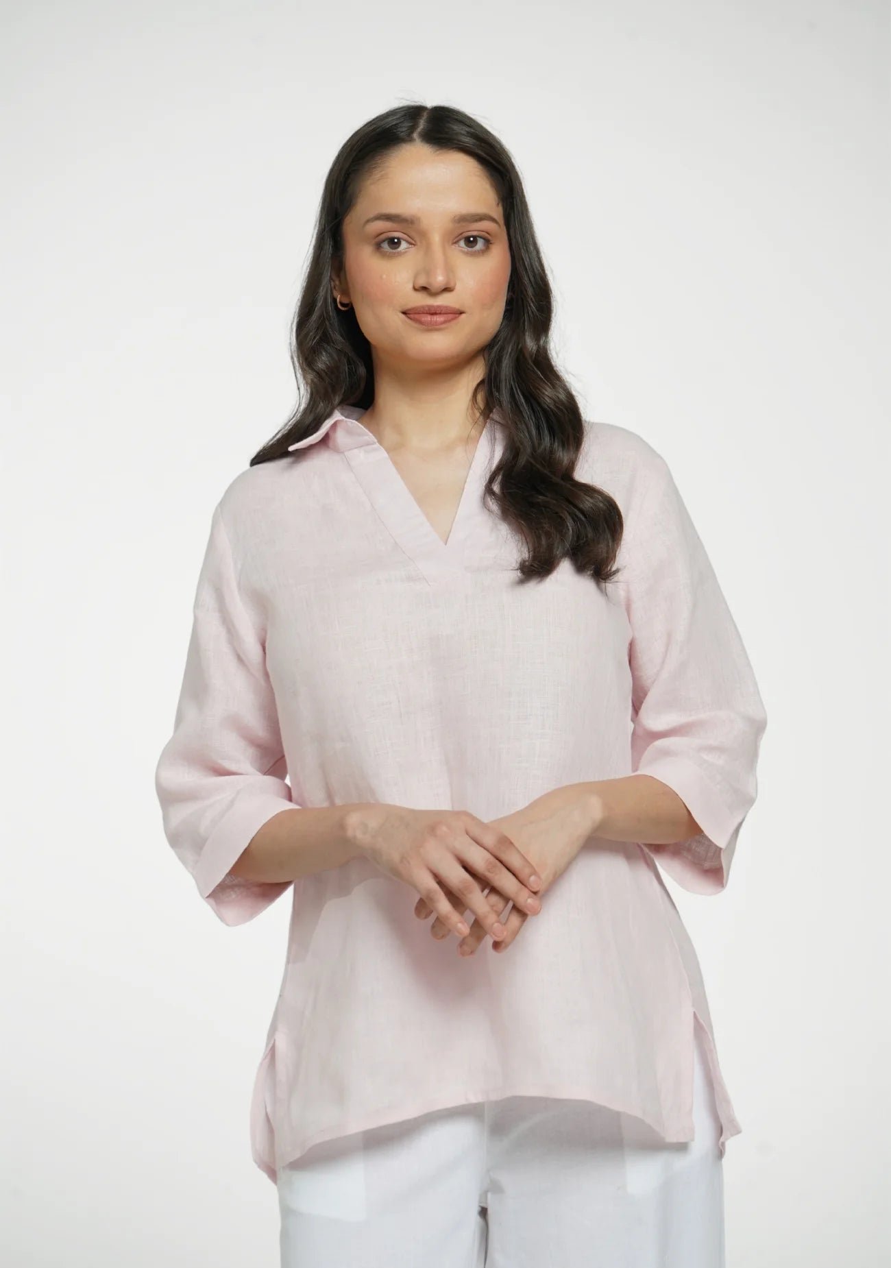 Women Blush Pink Pure Linen Collared Shirt Top