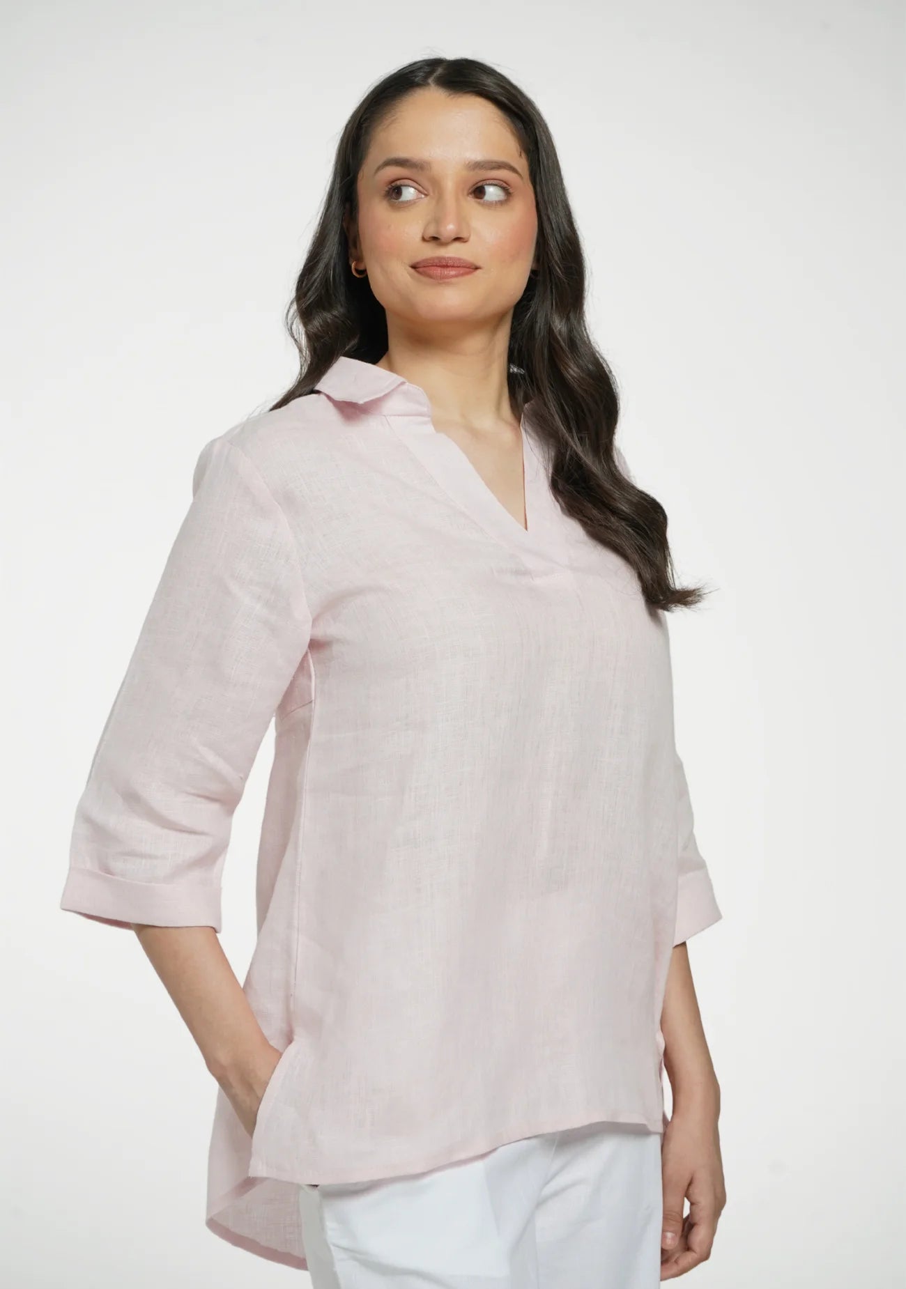 Women Blush Pink Pure Linen Collared Shirt Top