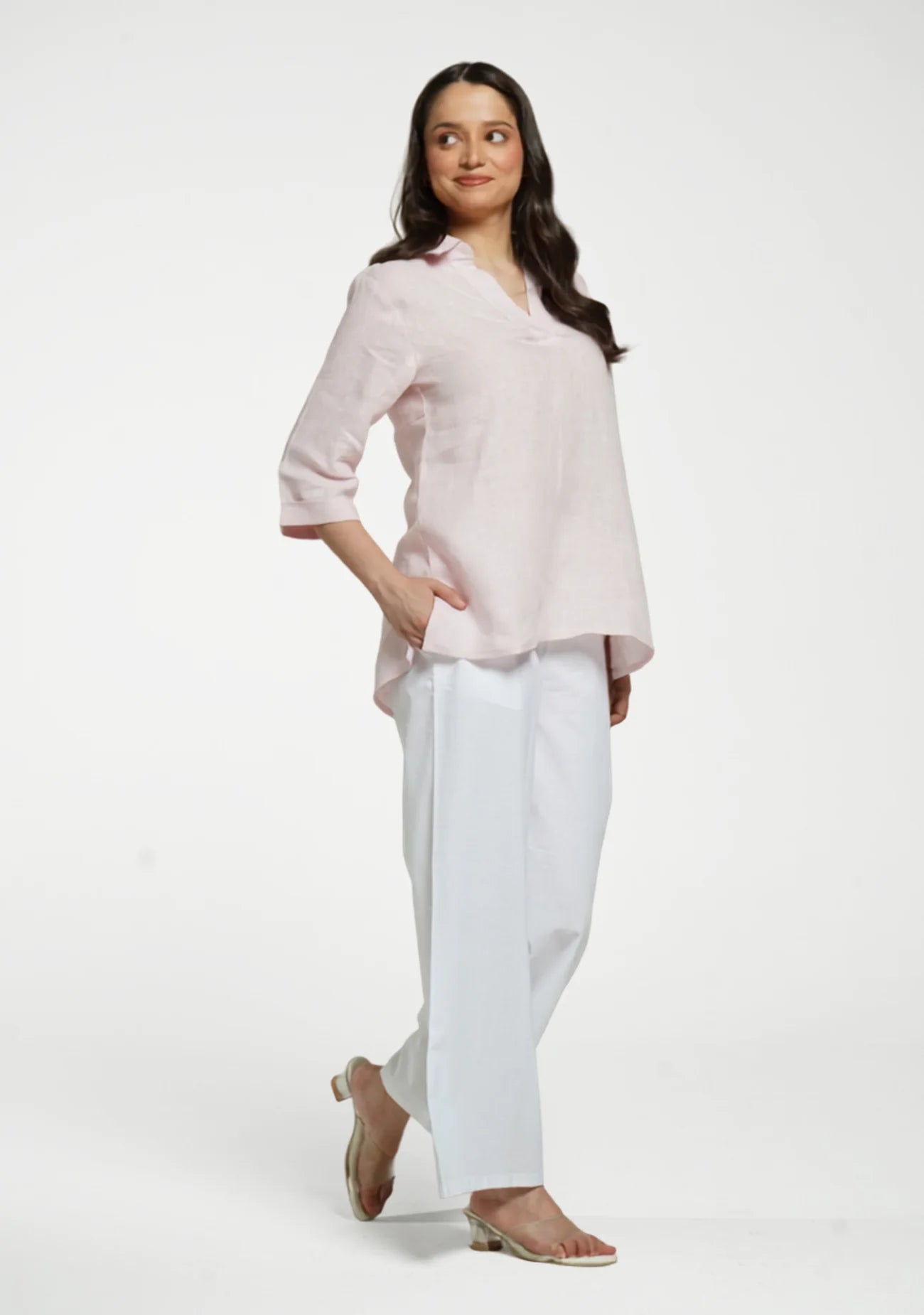 Women Blush Pink Pure Linen Collared Shirt Top