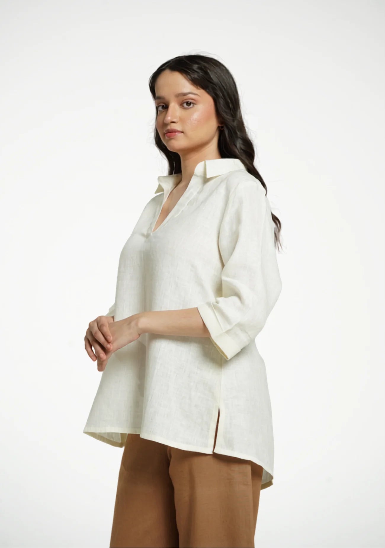 Women Cream Pure Linen Collared Shirt Top