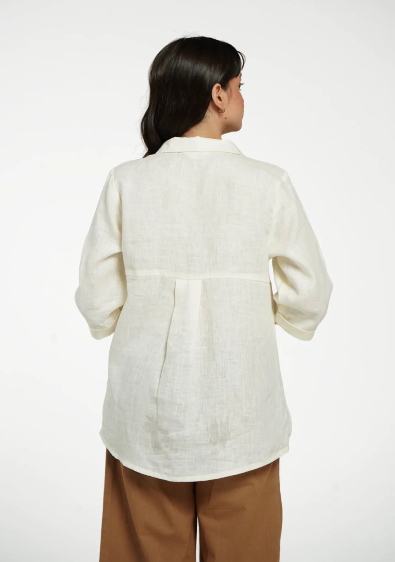 Women Cream Pure Linen Collared Shirt Top