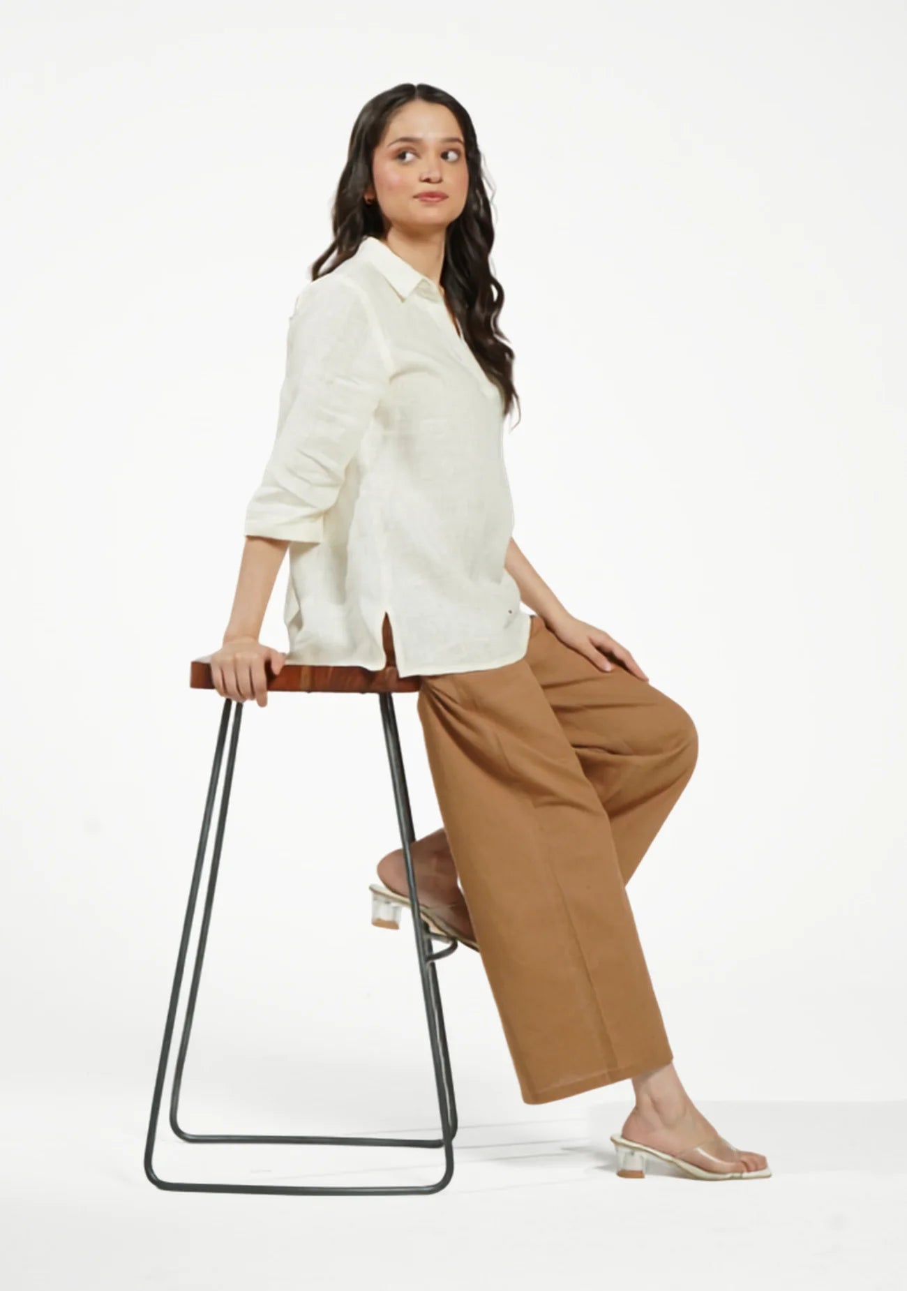 Women Cream Pure Linen Collared Shirt Top