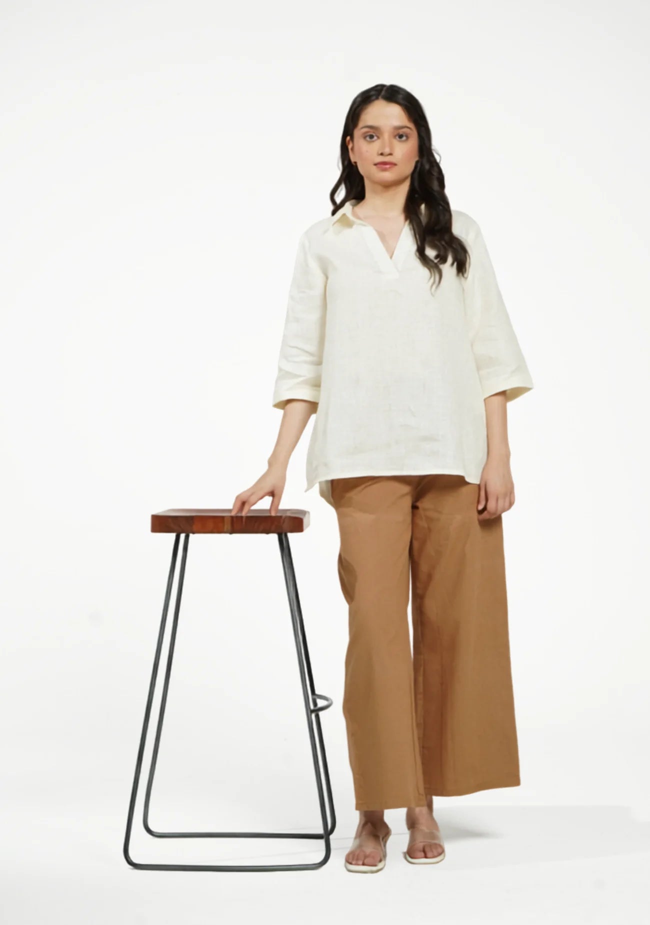 Women Cream Pure Linen Collared Shirt Top