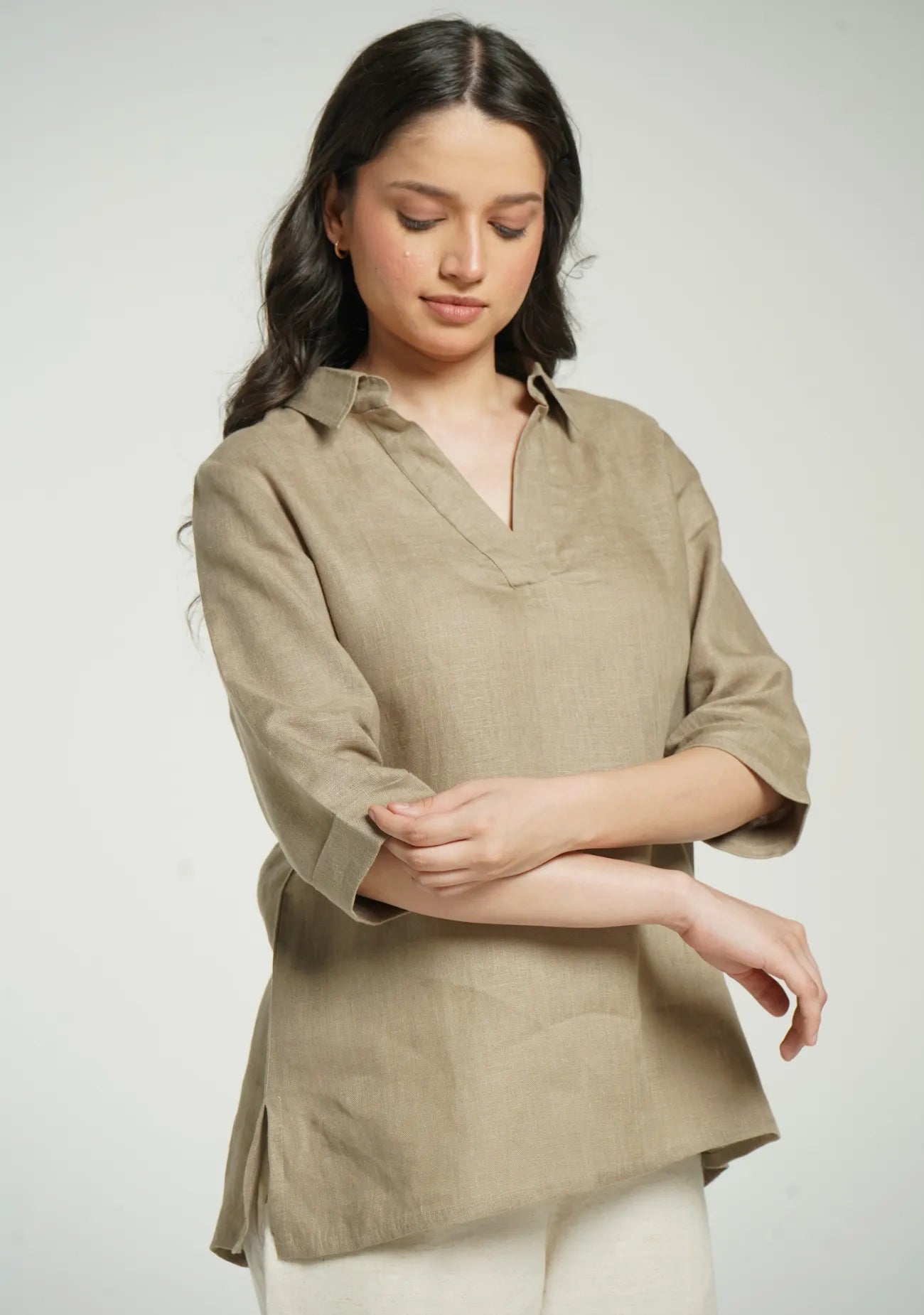 Women Khakhi Pure Linen Collared Shirt Top