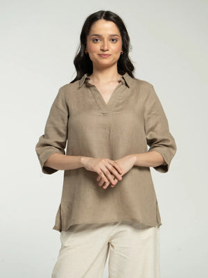 Women Khakhi Pure Linen Collared Shirt Top