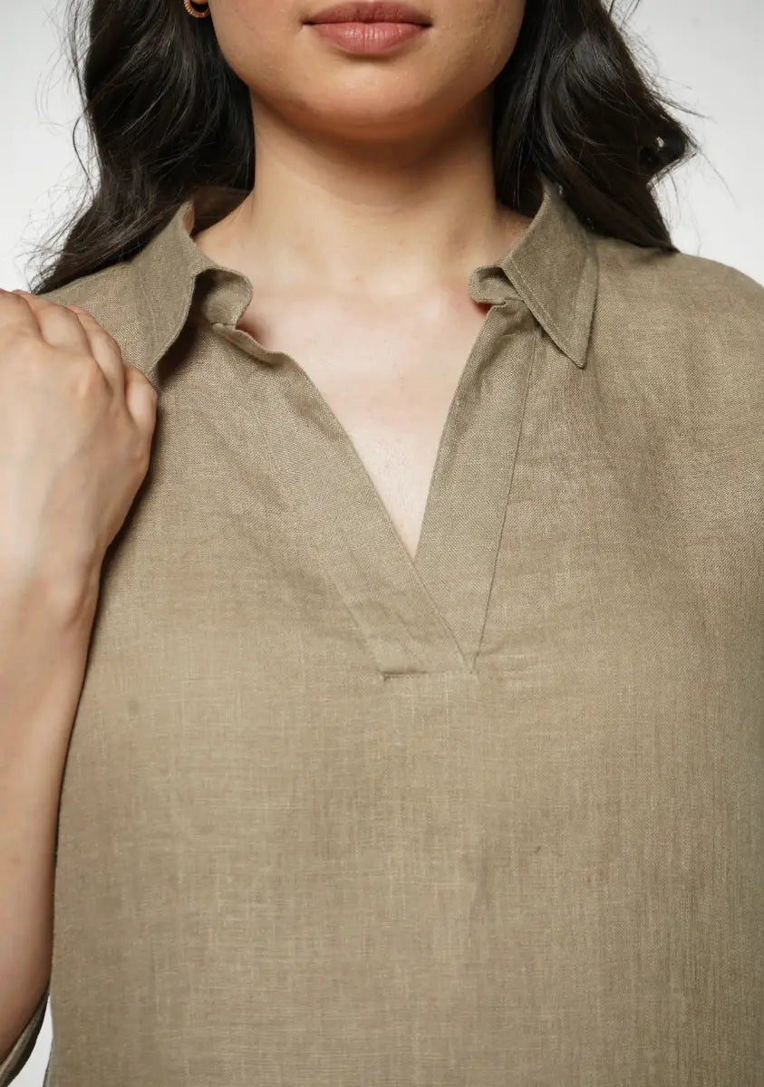 Women Khakhi Pure Linen Collared Shirt Top