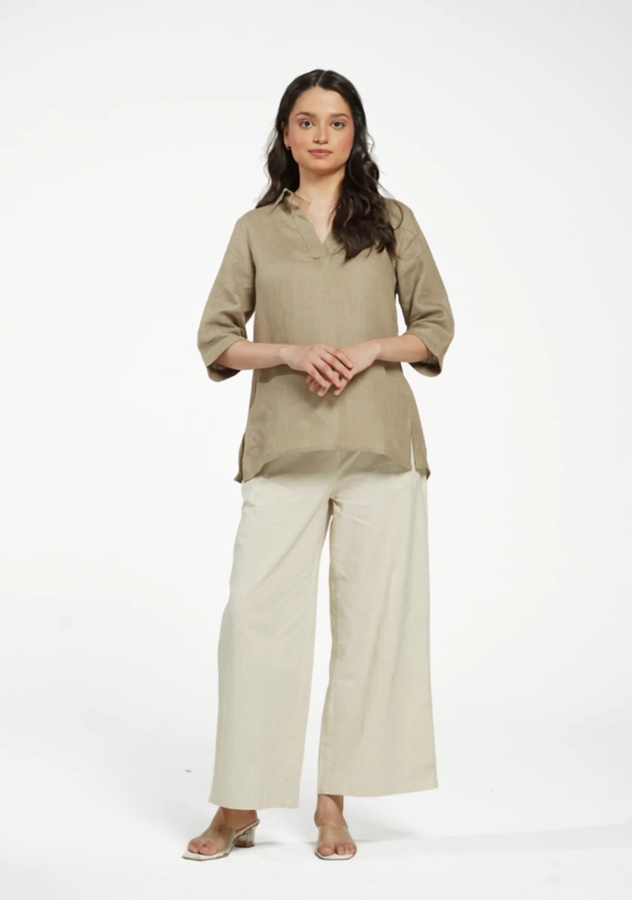 Women Khakhi Pure Linen Collared Shirt Top