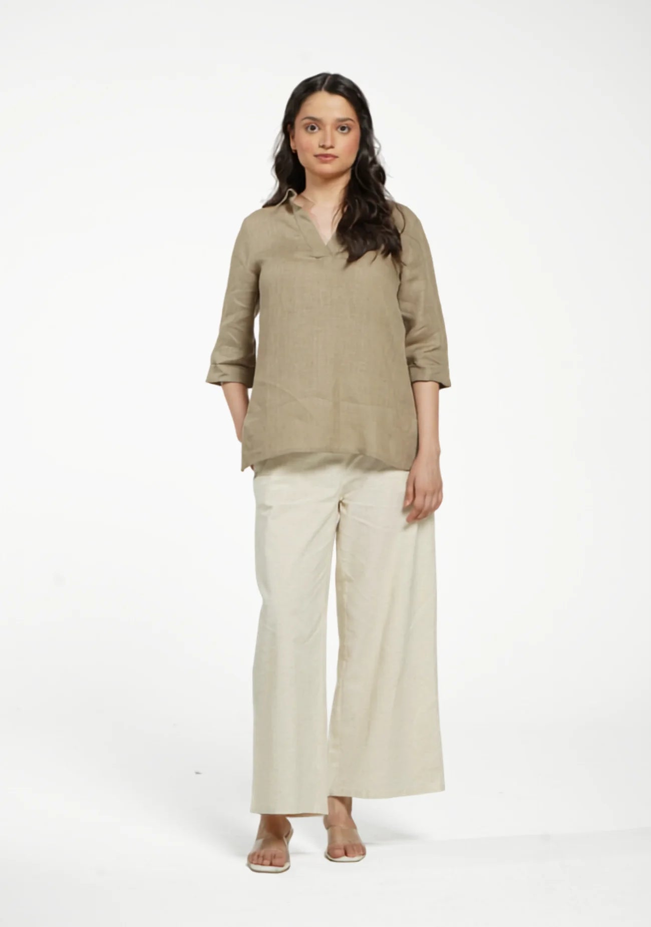 Women Khakhi Pure Linen Collared Shirt Top
