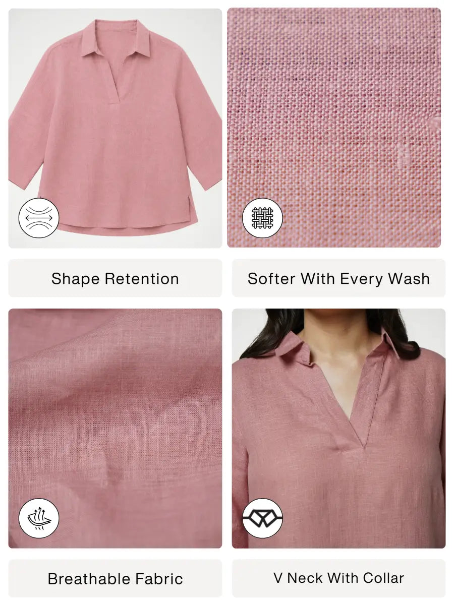 Women Rose Taupe Pure Linen Collared Shirt Top