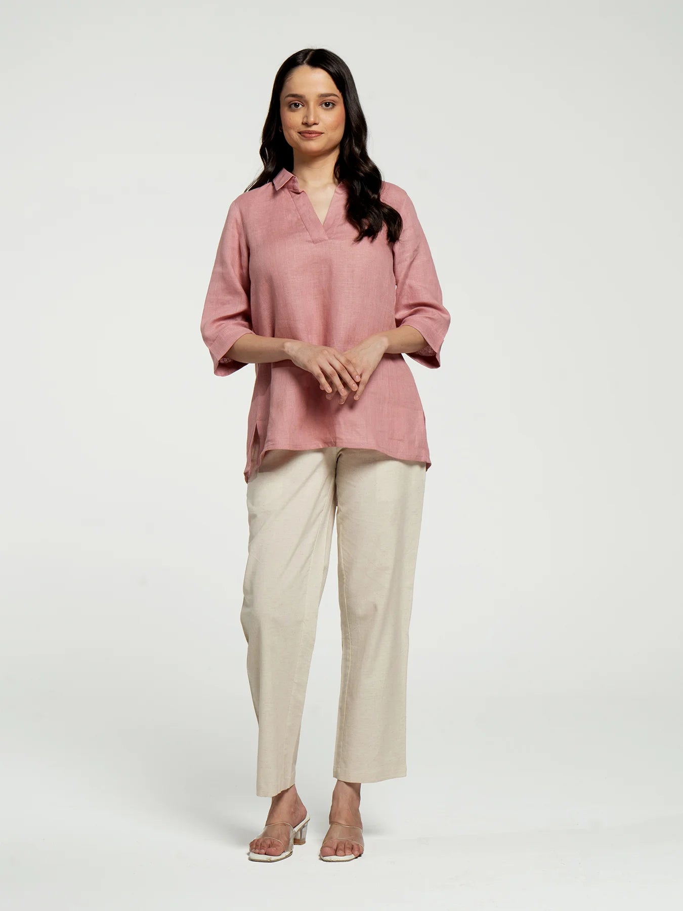 Women Rose Taupe Pure Linen Collared Shirt Top