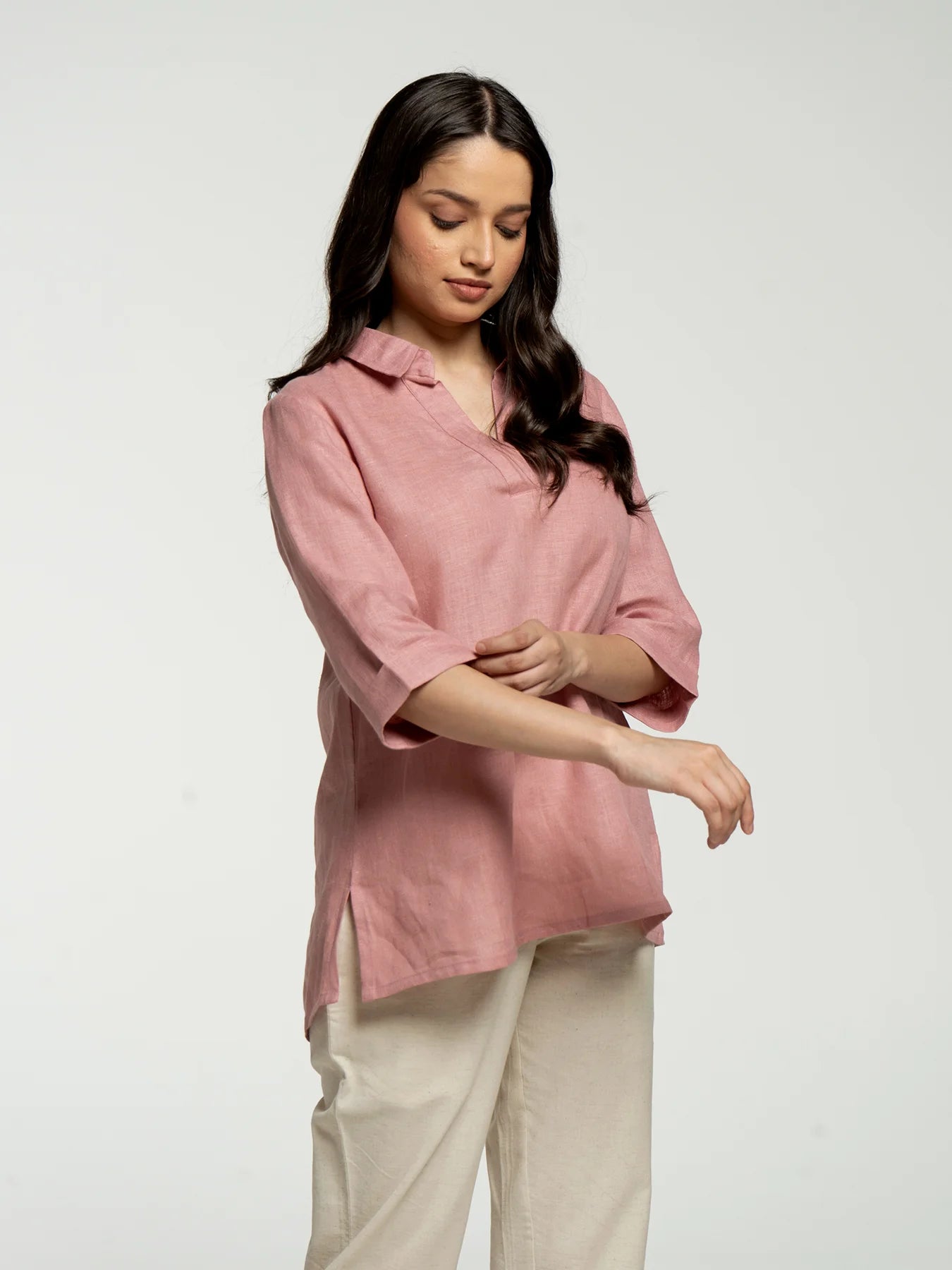 Women Rose Taupe Pure Linen Collared Shirt Top