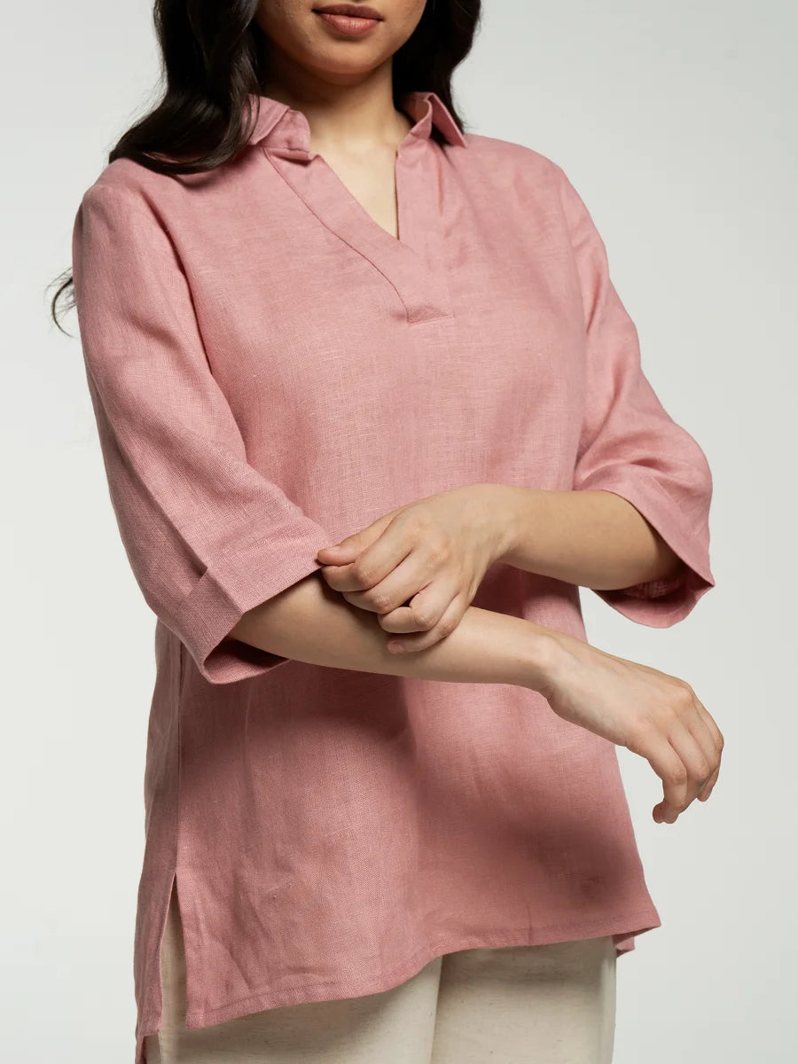 Women Rose Taupe Pure Linen Collared Shirt Top