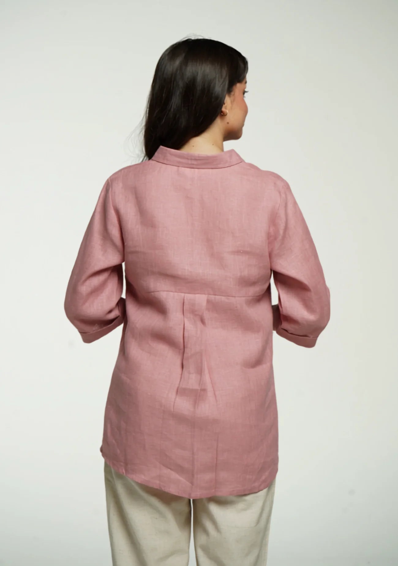 Women Rose Taupe Pure Linen Collared Shirt Top