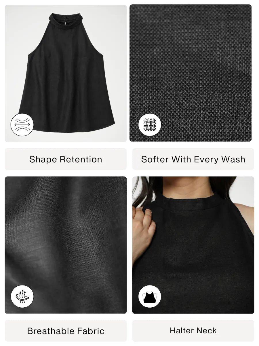 Women Black Pure Linen Halter Neck Top