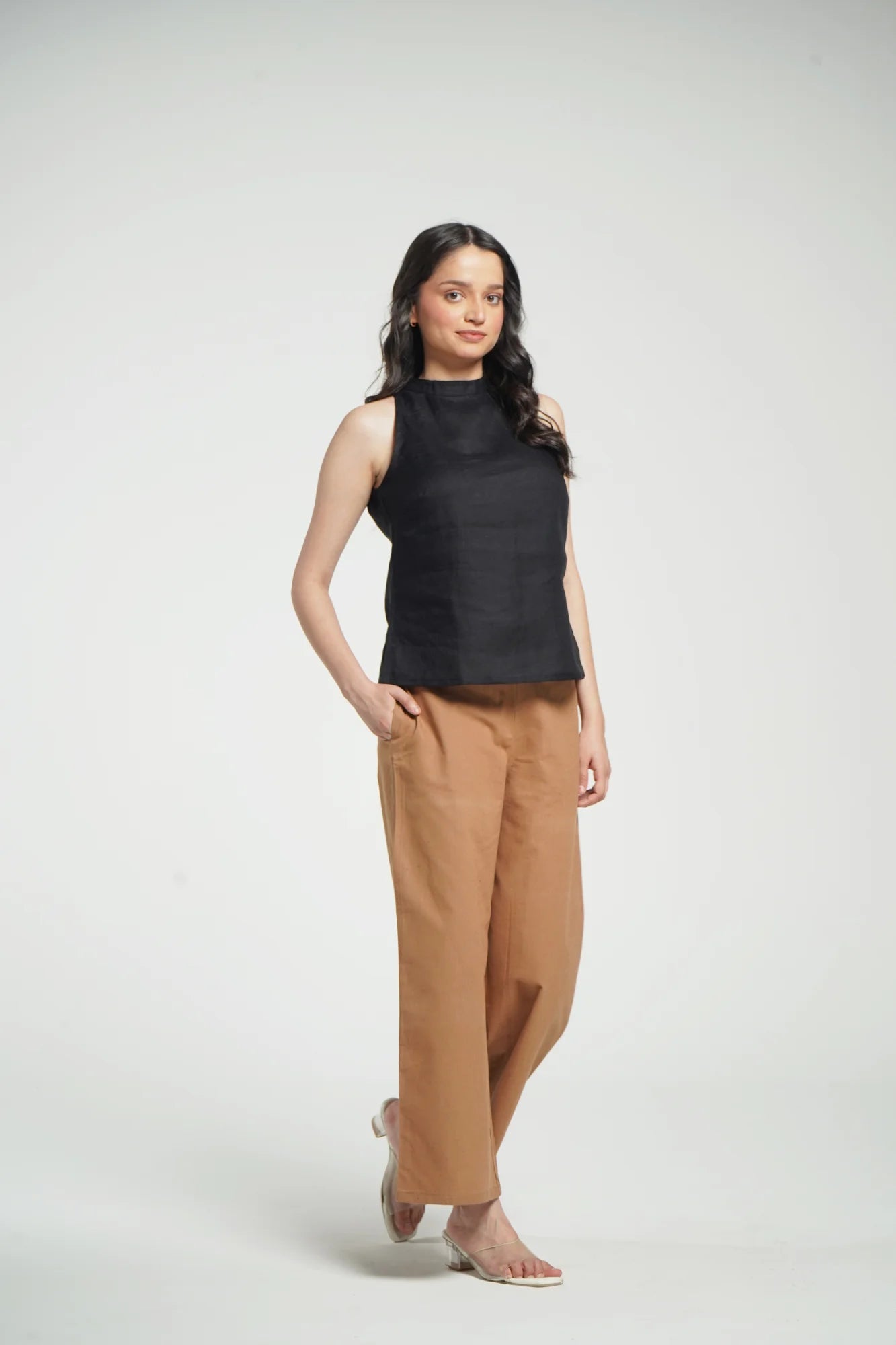 Women Black Pure Linen Halter Neck Top