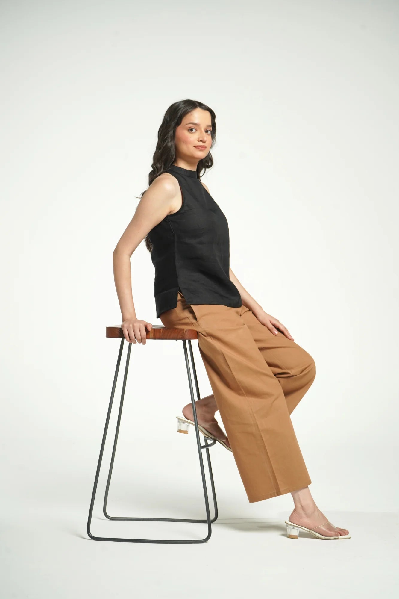 Women Black Pure Linen Halter Neck Top