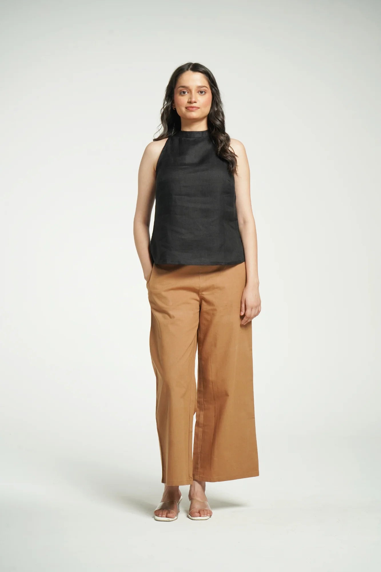 Women Black Pure Linen Halter Neck Top