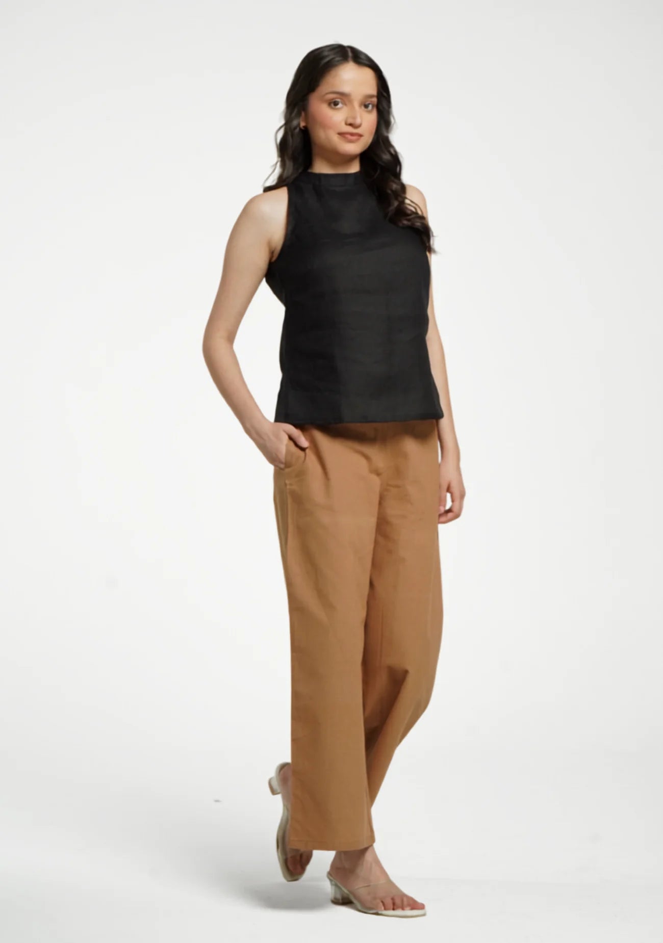 Women Black Pure Linen Halter Neck Top