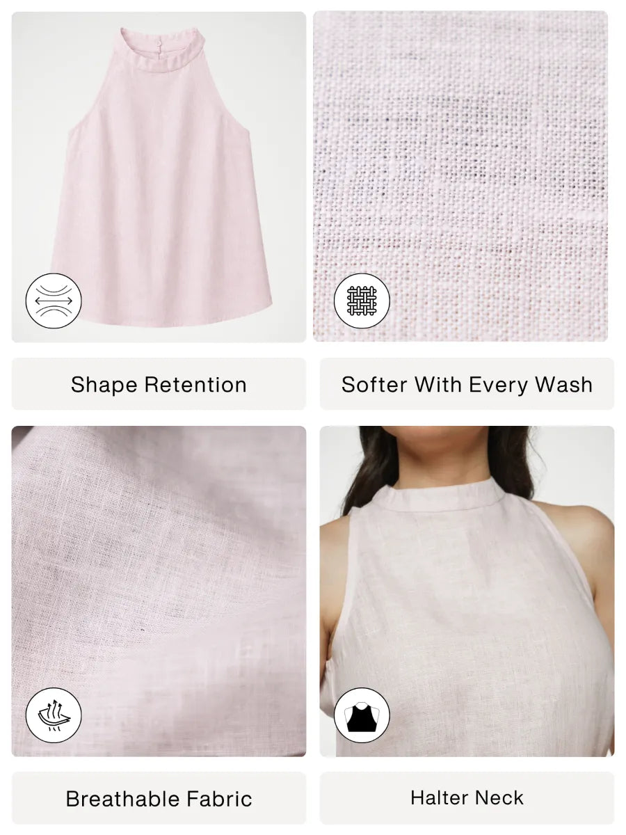 Women Blush Pink Pure Linen Halter Neck Top