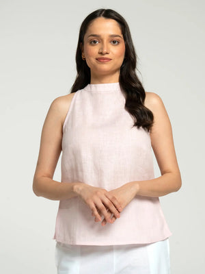 Women Blush Pink Pure Linen Halter Neck Top