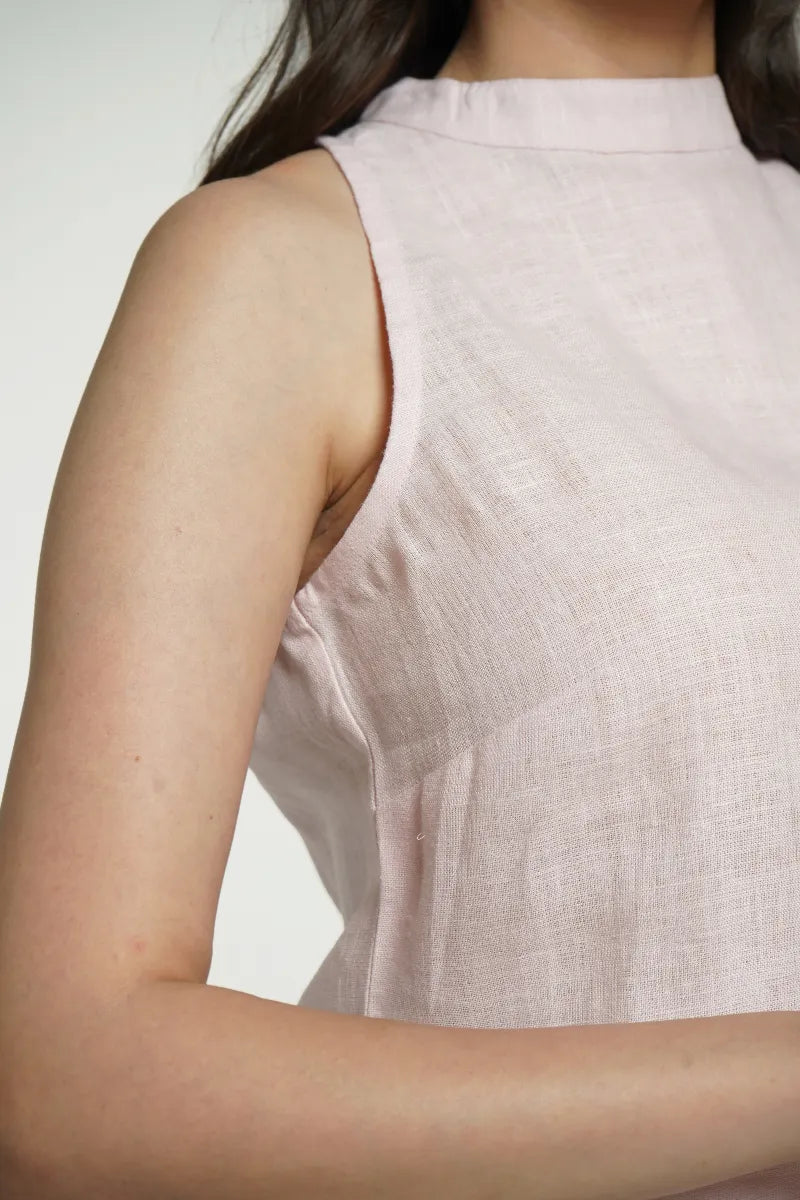 Women Blush Pink Pure Linen Halter Neck Top