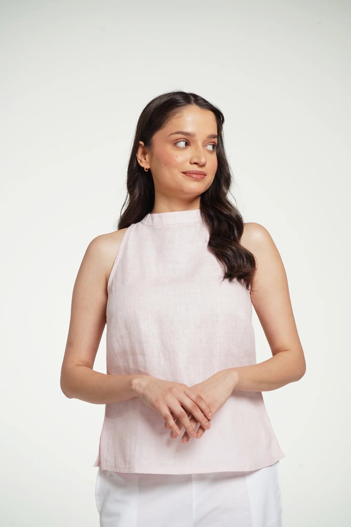 Women Blush Pink Pure Linen Halter Neck Top