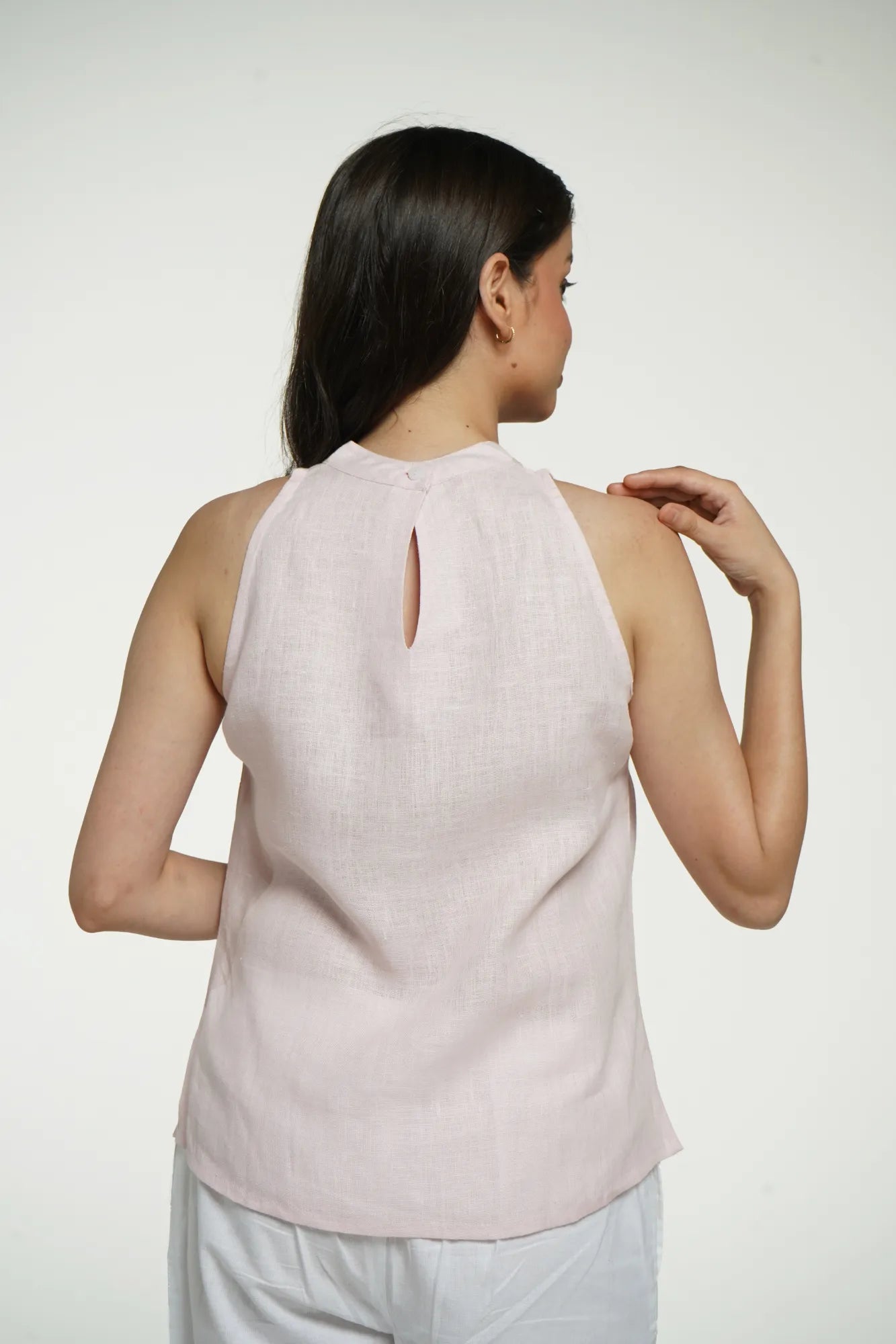 Women Blush Pink Pure Linen Halter Neck Top